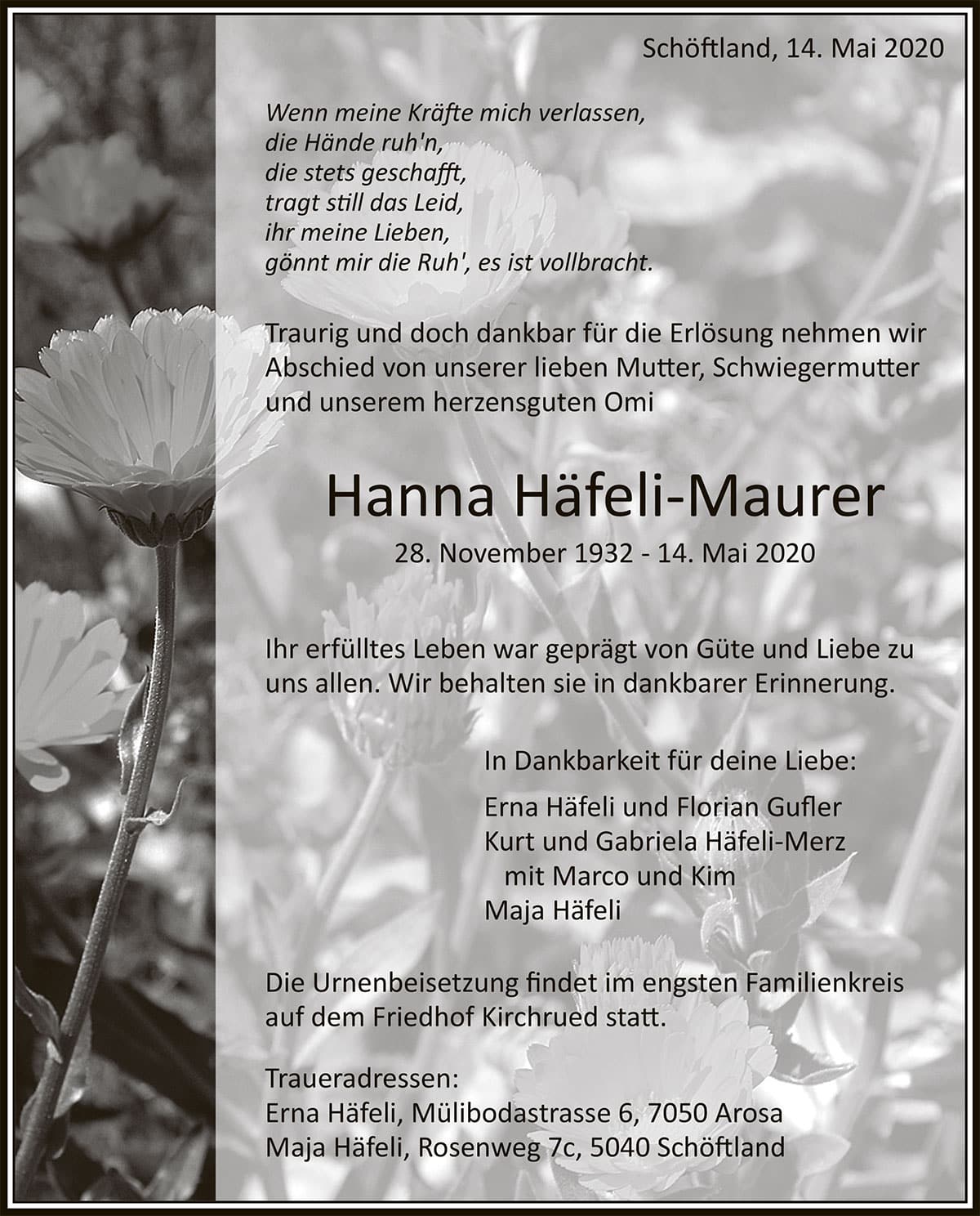 Todesanzeige Hanna Häfeli-Maurer 1932 | Der Landanzeiger