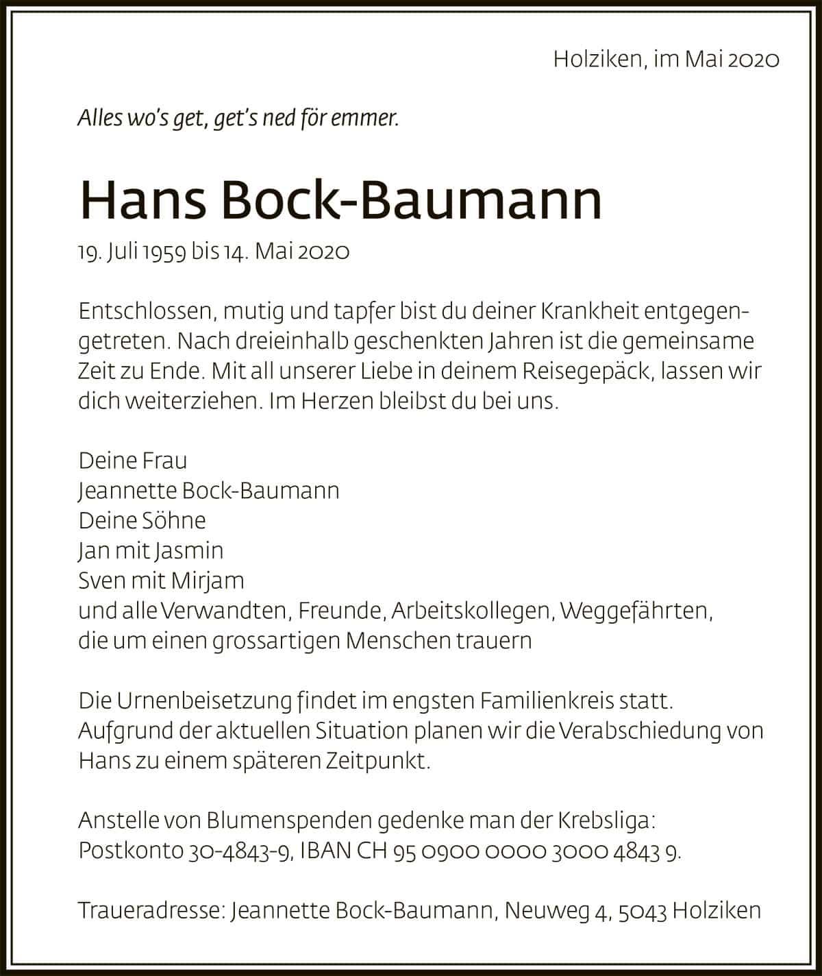Todesanzeige Hans Bock-Baumann 1959 | Der Landanzeiger