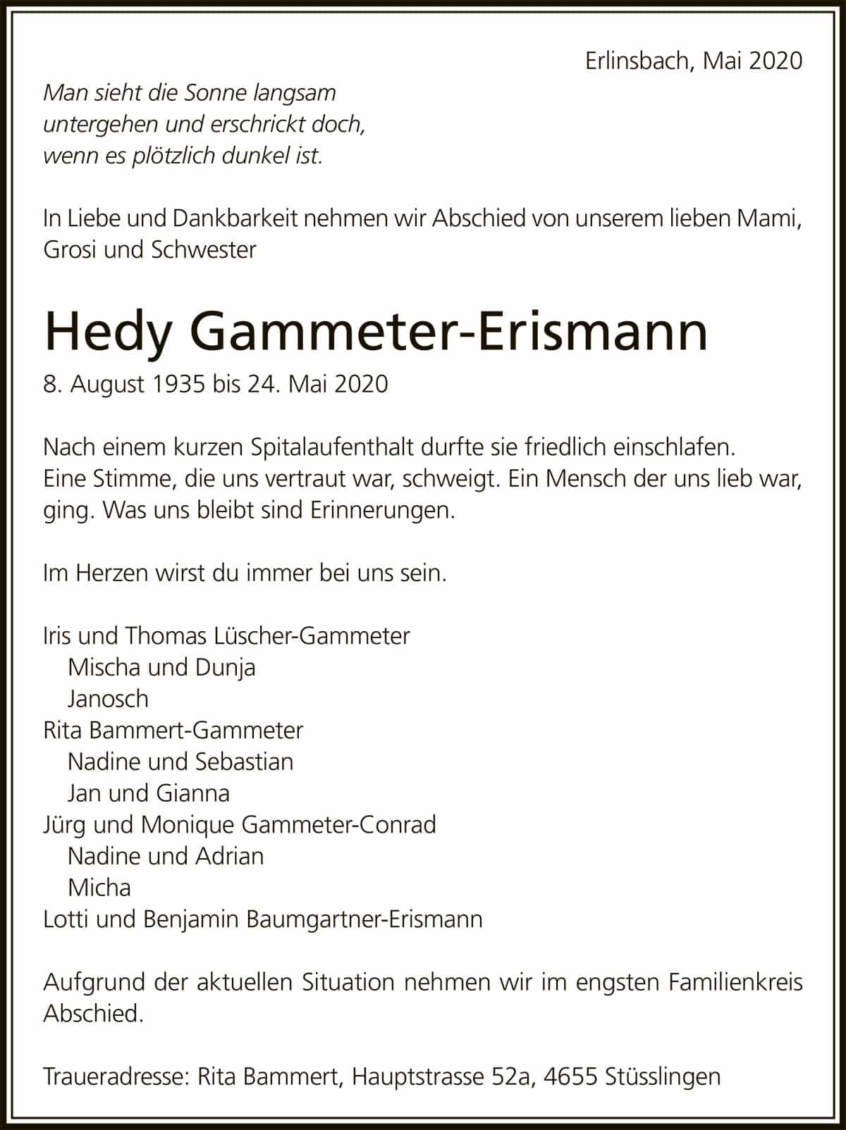 Todesanzeige Hedy Gammeter-Erismann 1935 | Der Landanzeiger