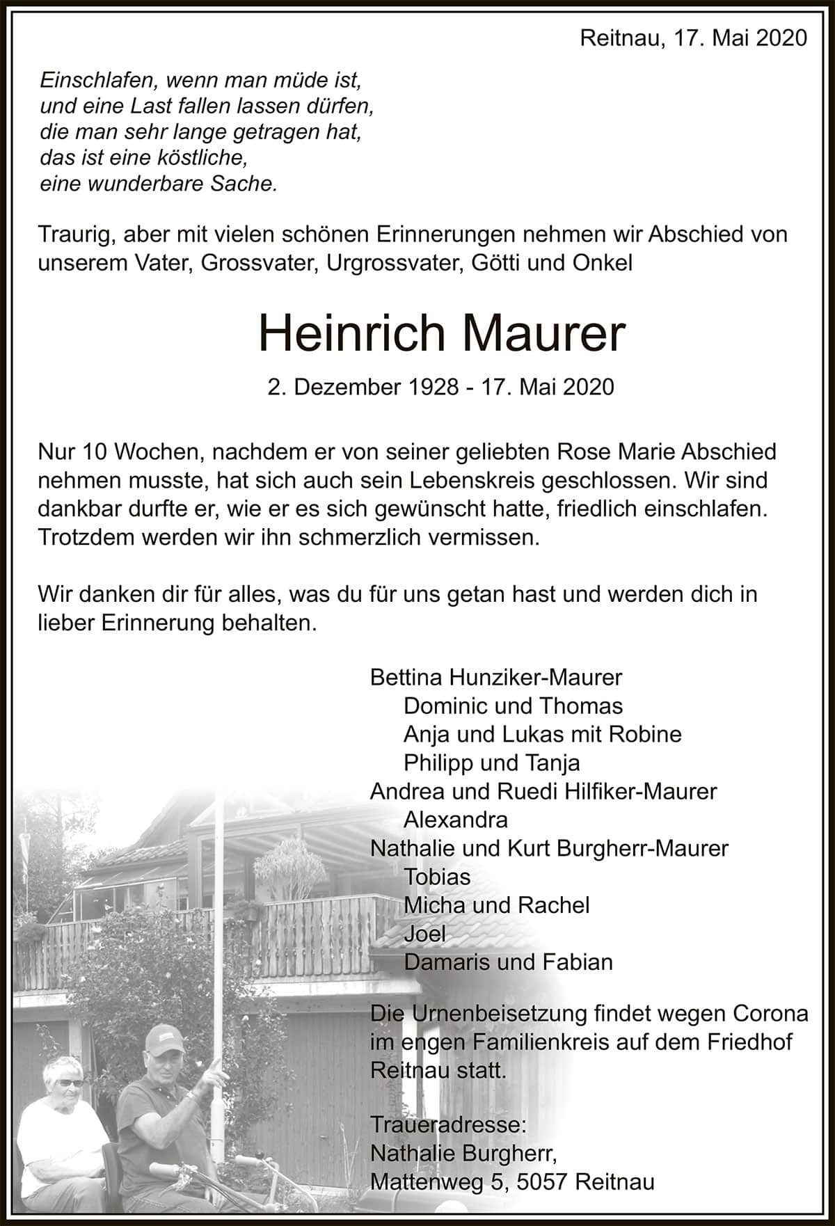 Todesanzeige Heinrich Maurer 1928 | Der Landanzeiger