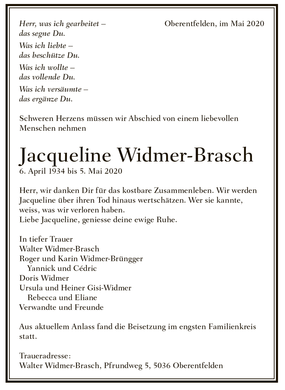 Todesanzeige Jacqueline Widmer-Brasch 1934 | Der Landanzeiger