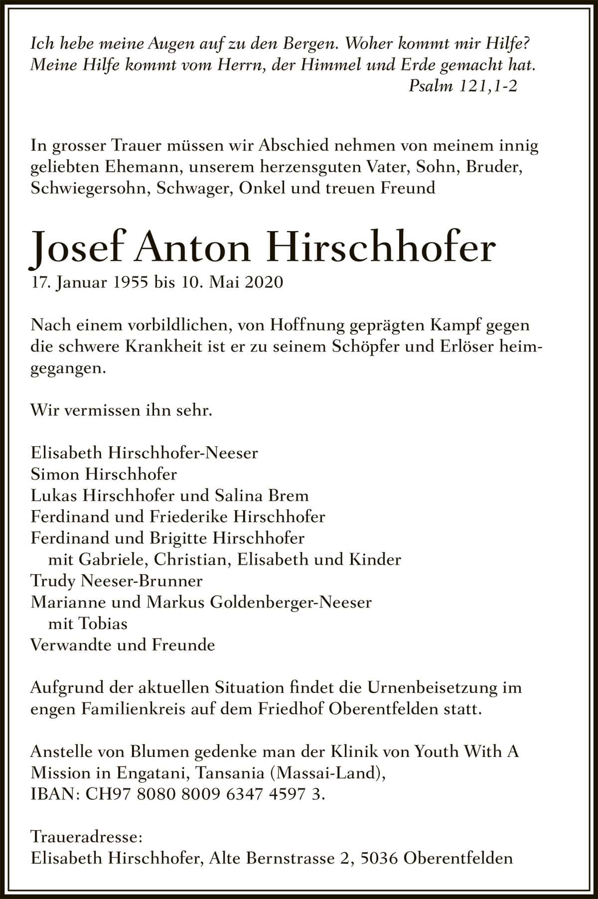 Todesanzeige Josef Anton Hirschhofer 1955 | Der Landanzeiger