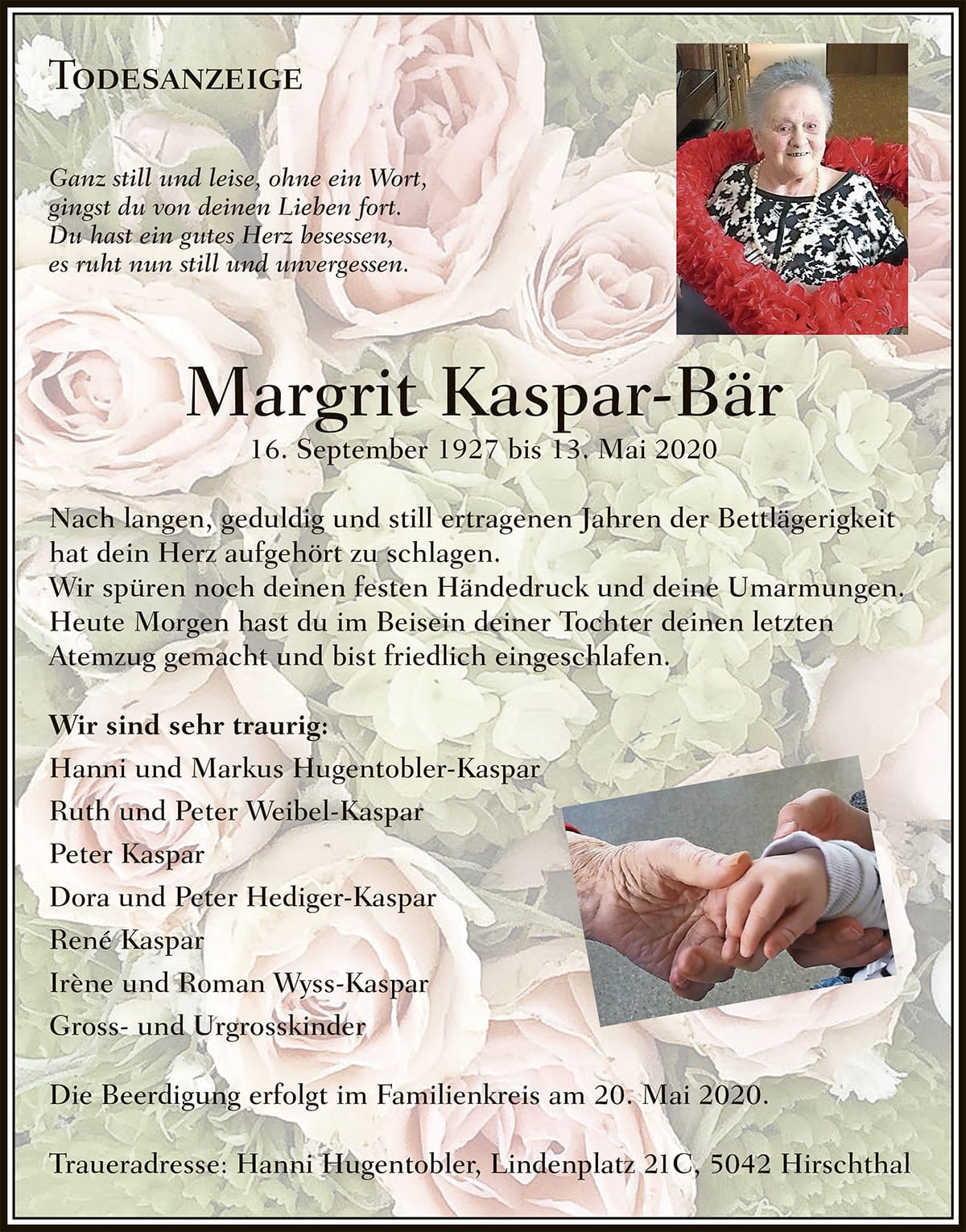 Todesanzeige Margrit Kaspar-Bär 1927 | Der Landanzeiger