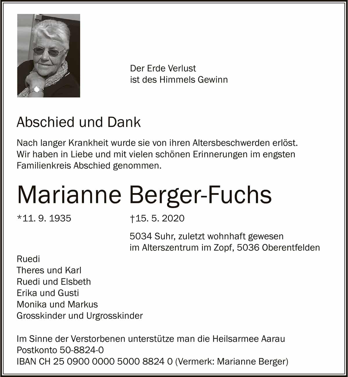 Todesanzeige Marianne Berger-Fuchs 1935 | Der Landanzeiger