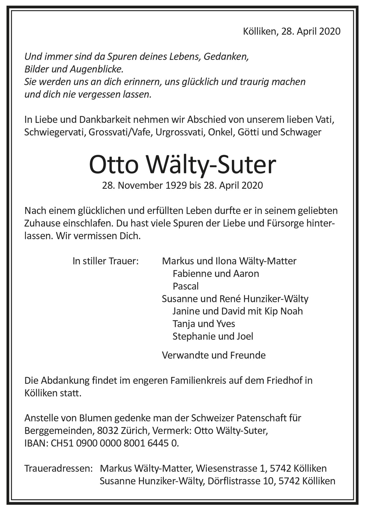 Todesanzeige Otto Welt-Suter 1929 | Der Landanzeiger