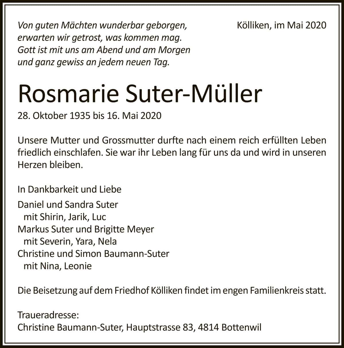 Todesanzeige Rosmarie Suter-Müller 1935 | Der Landanzeiger