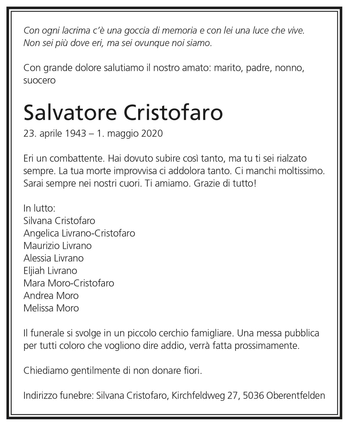 Todesanzeige Salvatore Cristofaro 1943 | Der Landanzeiger