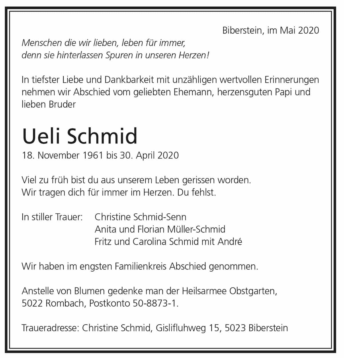 Todesanzeige Ueli Schmid 1961 | Der Landanzeiger