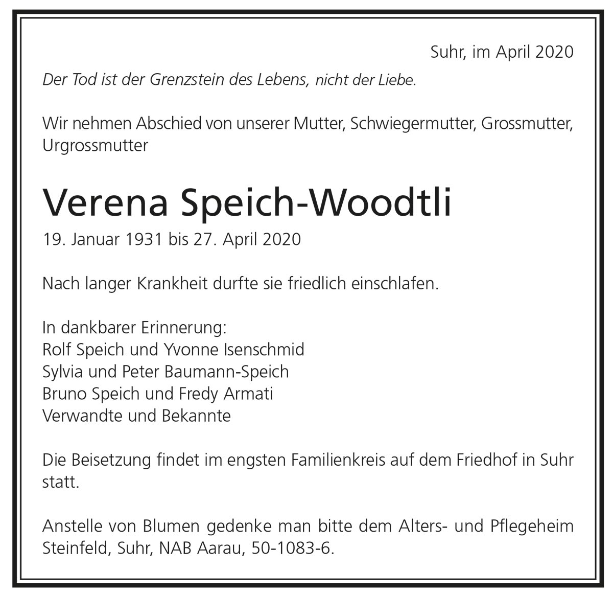Todesanzeige Verena Speich-Woodtli 1931 | Der Landanzeiger