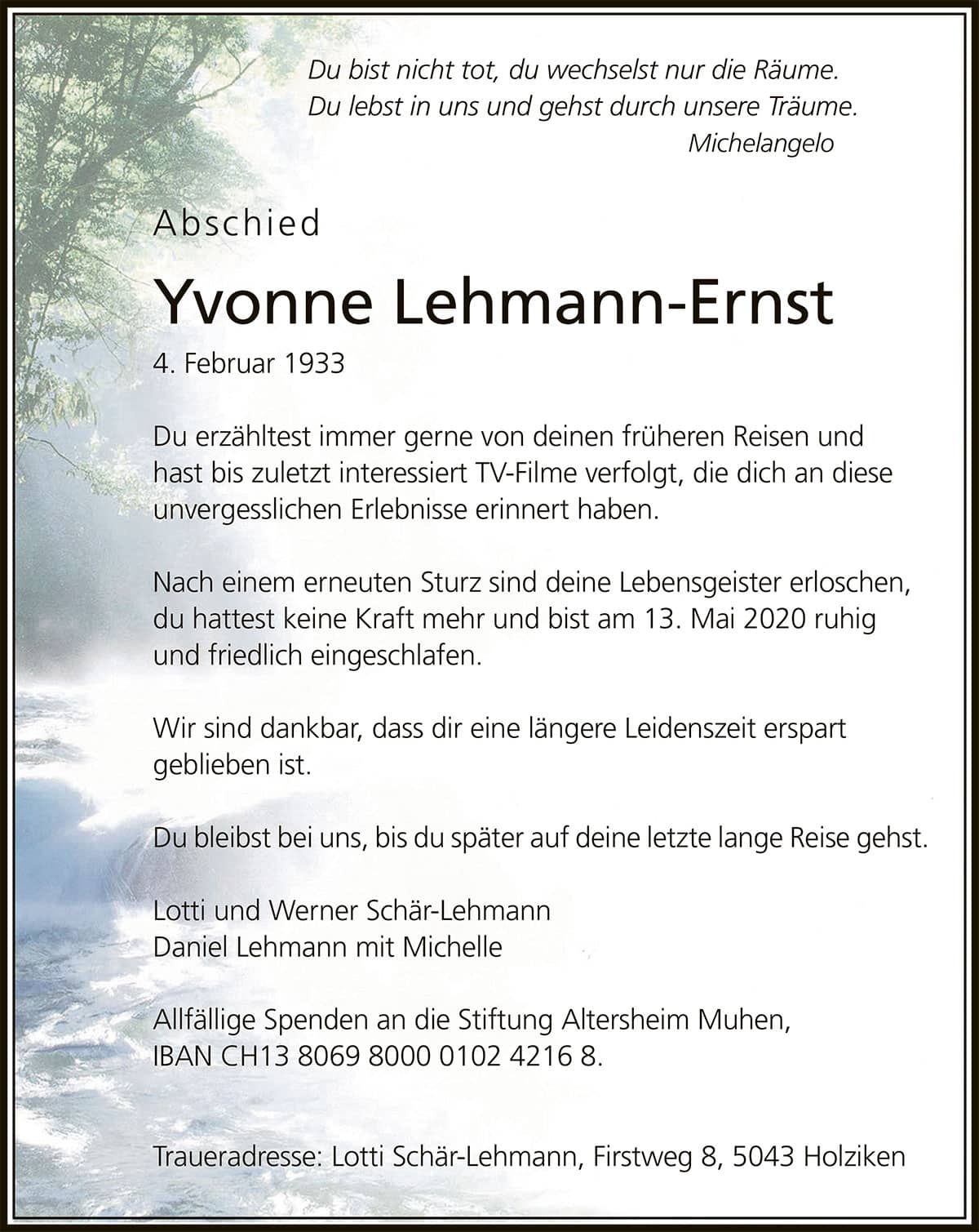 Todesanzeige Yvonne Lehmann-Ernst 1933 | Der Landanzeiger