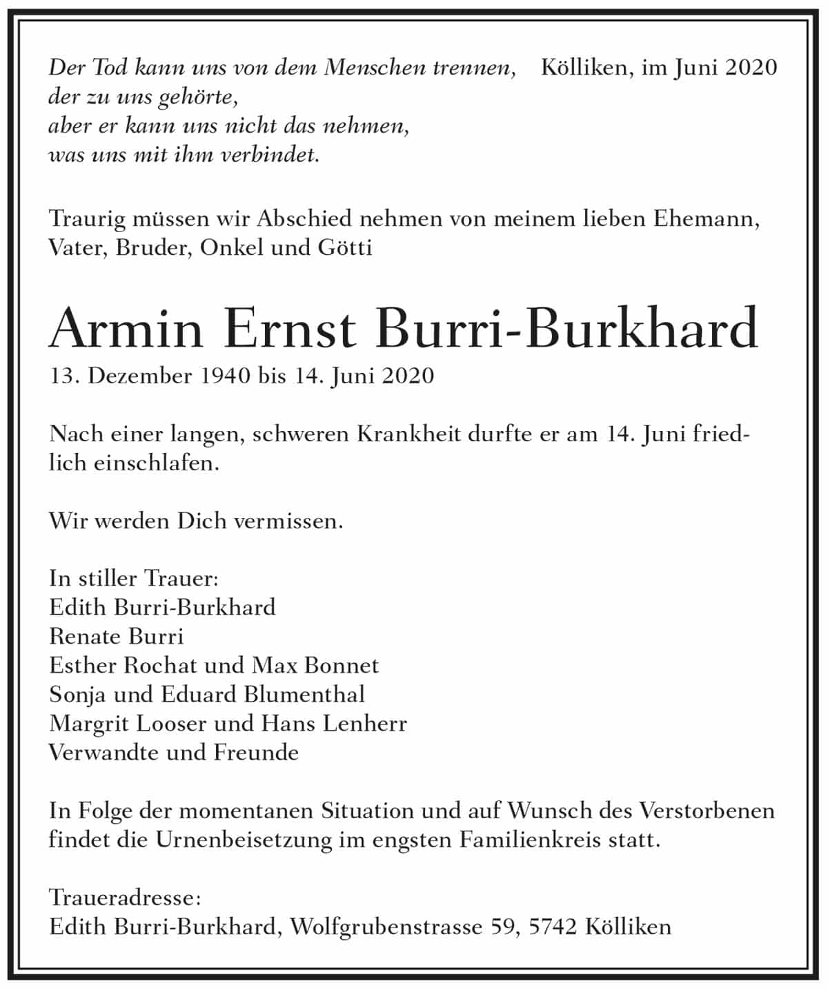 Todesanzeige Armin Ernst Burri-Burkhard 1940 | Der Landanzeiger
