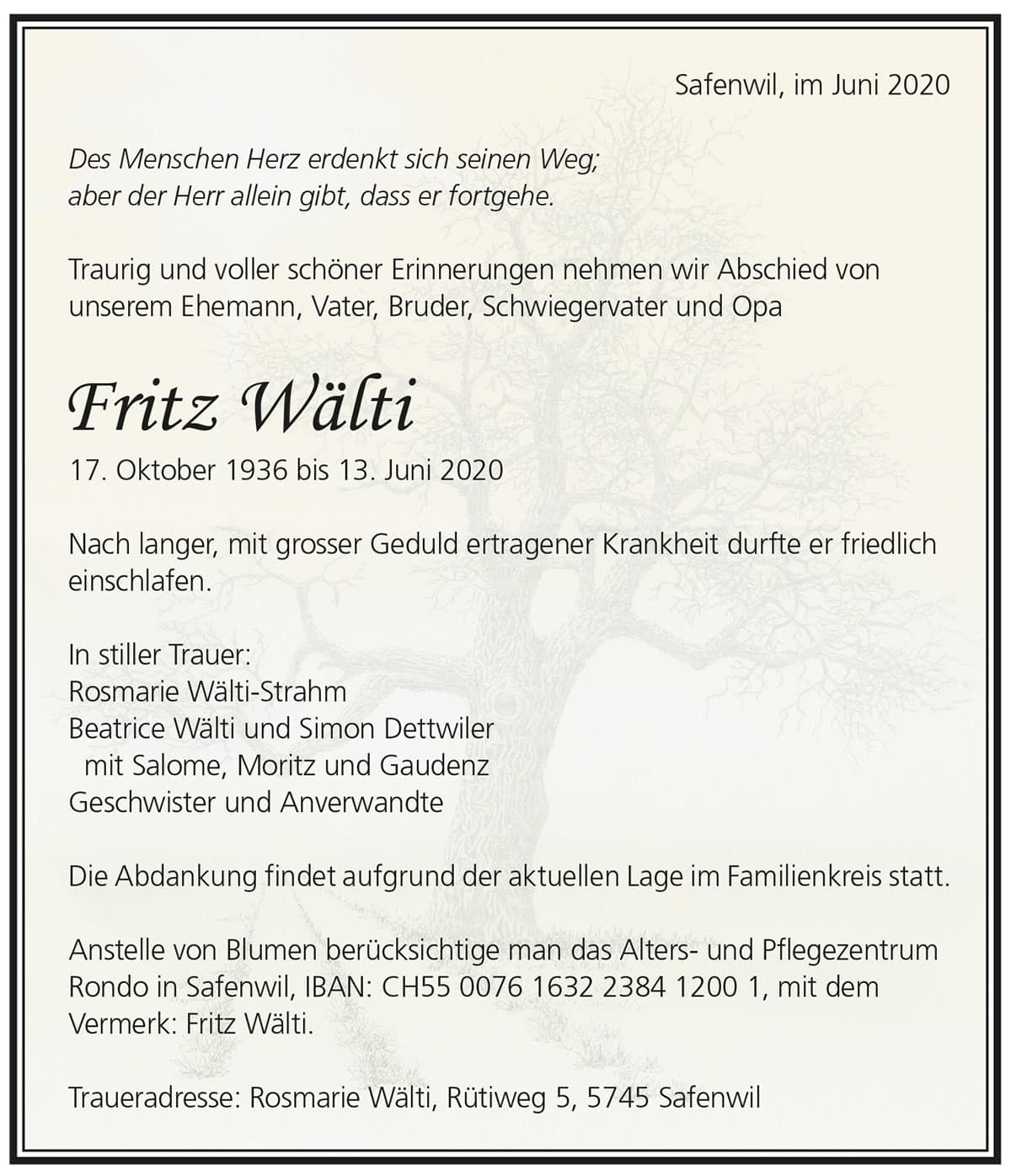 Todesanzeige Fritz Wälti 1936 | Der Landanzeiger