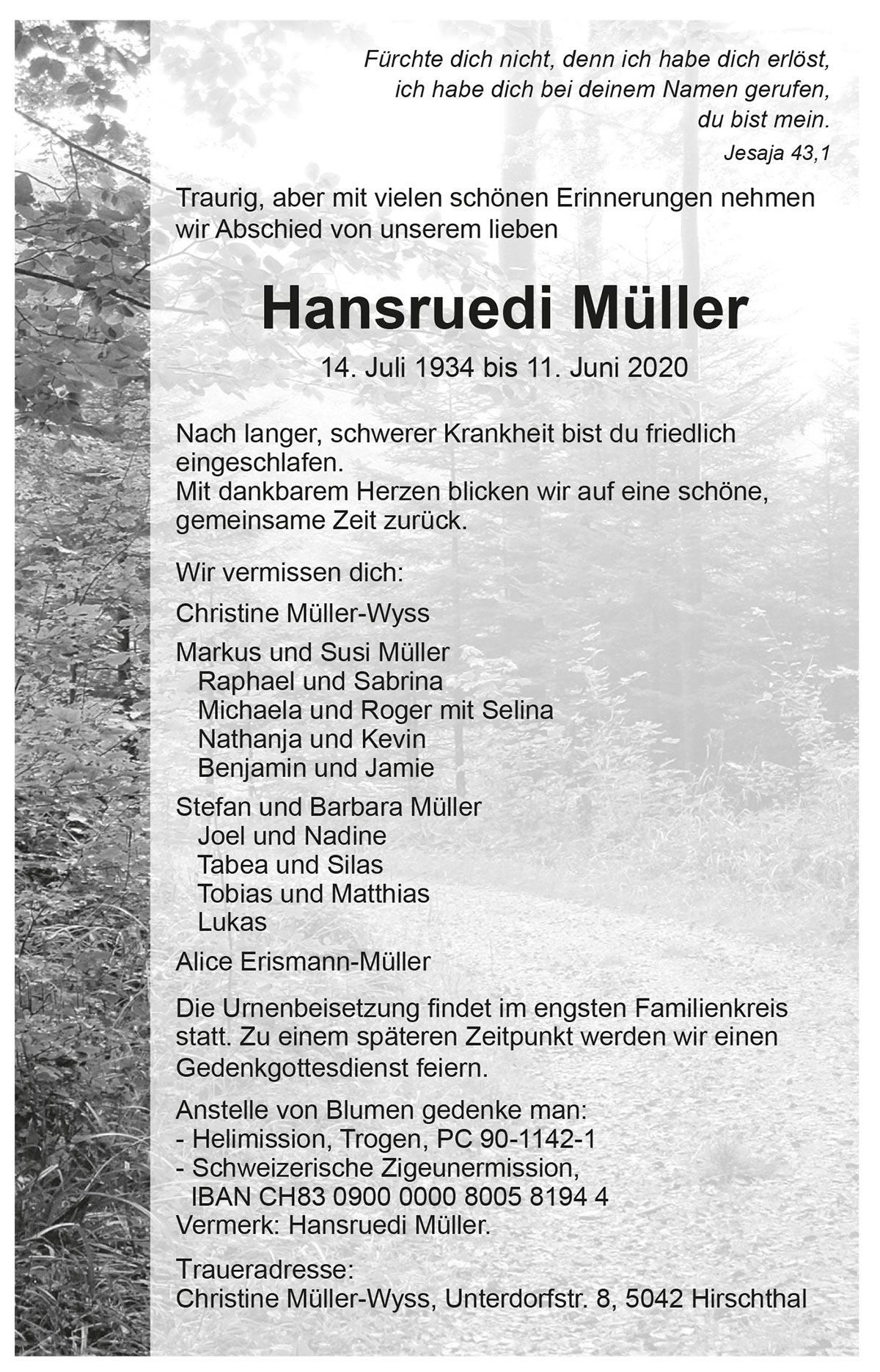 Todesanzeige Hansruedi Müller 1934 | Der Landanzeiger