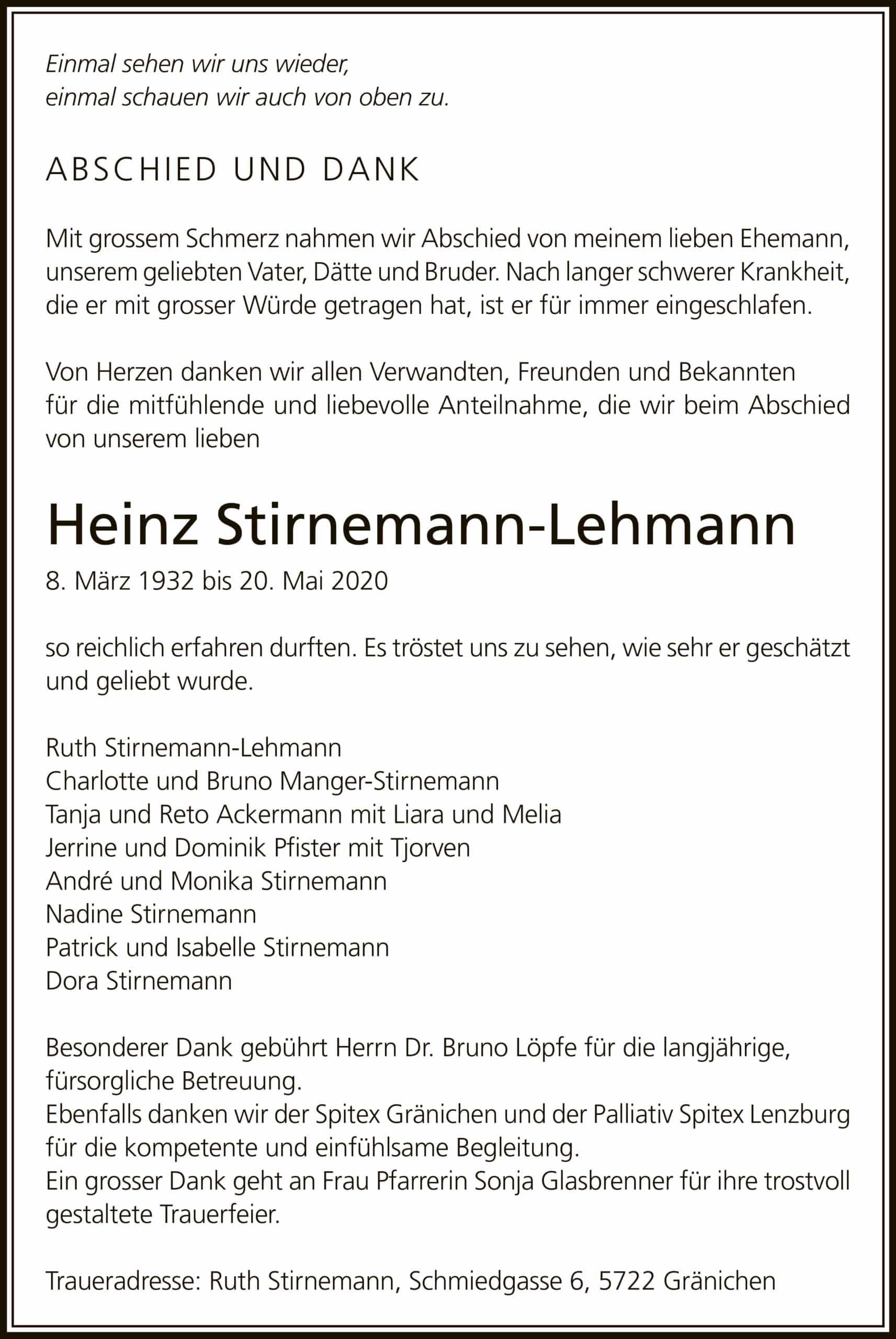 Todesanzeige Heinz Stirnemann-Lehmann 1932 | Der Landanzeiger