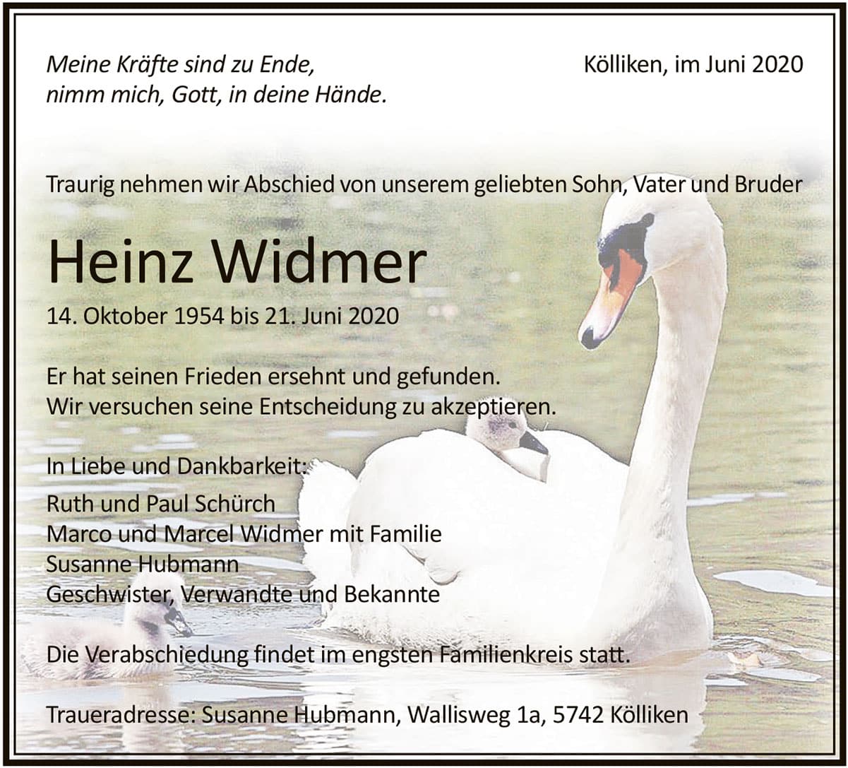 Todesanzeige Heinz Widmer 1954 | Der Landanzeiger