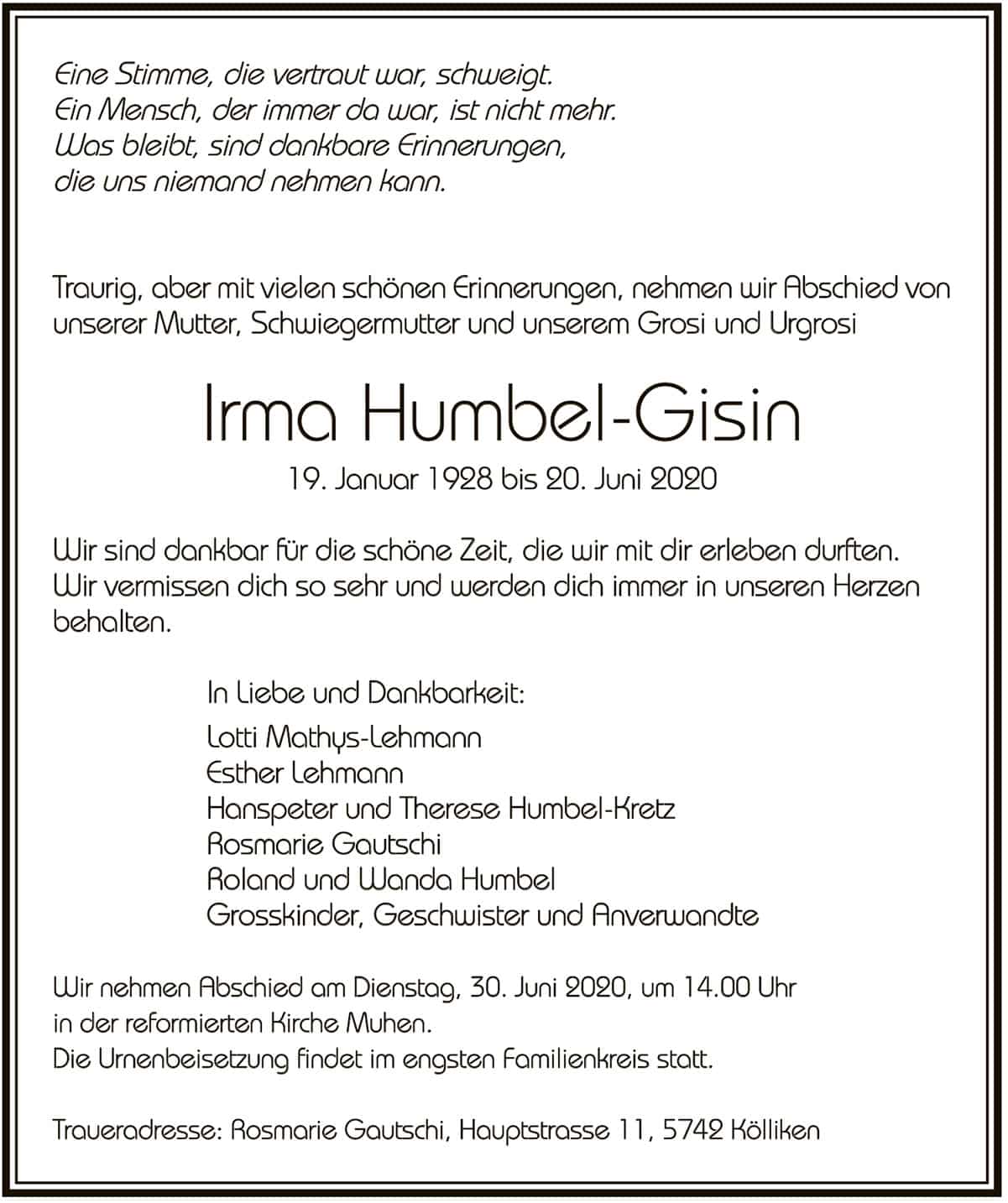 Todesanzeige Irma Humbel-Gisin 1928 | Der Landanzeiger