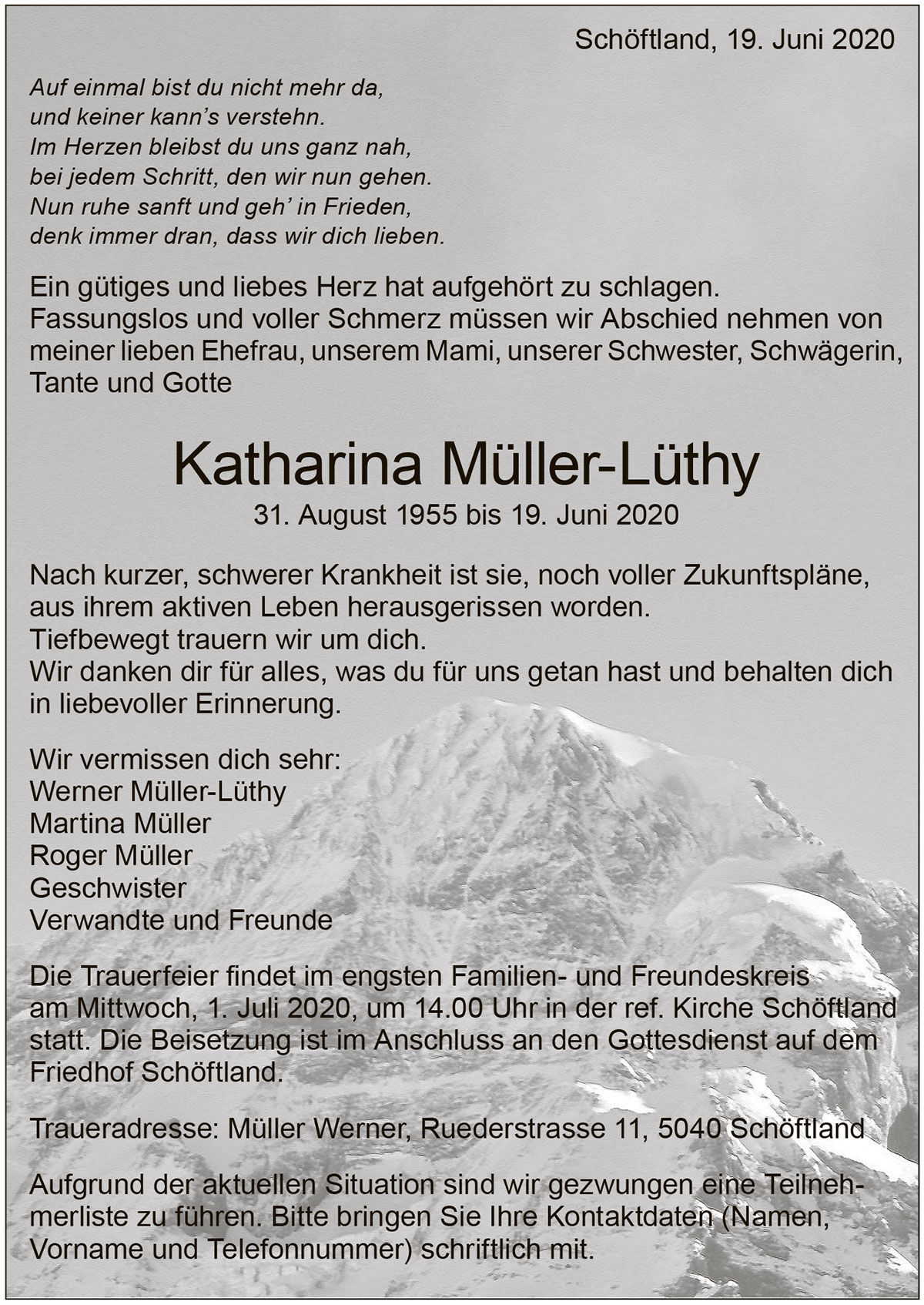 Todesanzeige Katharina Müller-Lüthy 1955 | Der Landanzeiger
