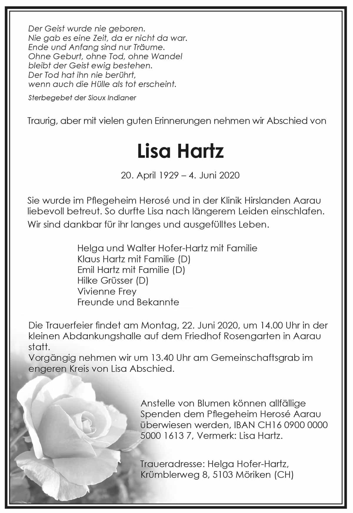 Todesanzeige Lisa Hartz 1929 | Der Landanzeiger
