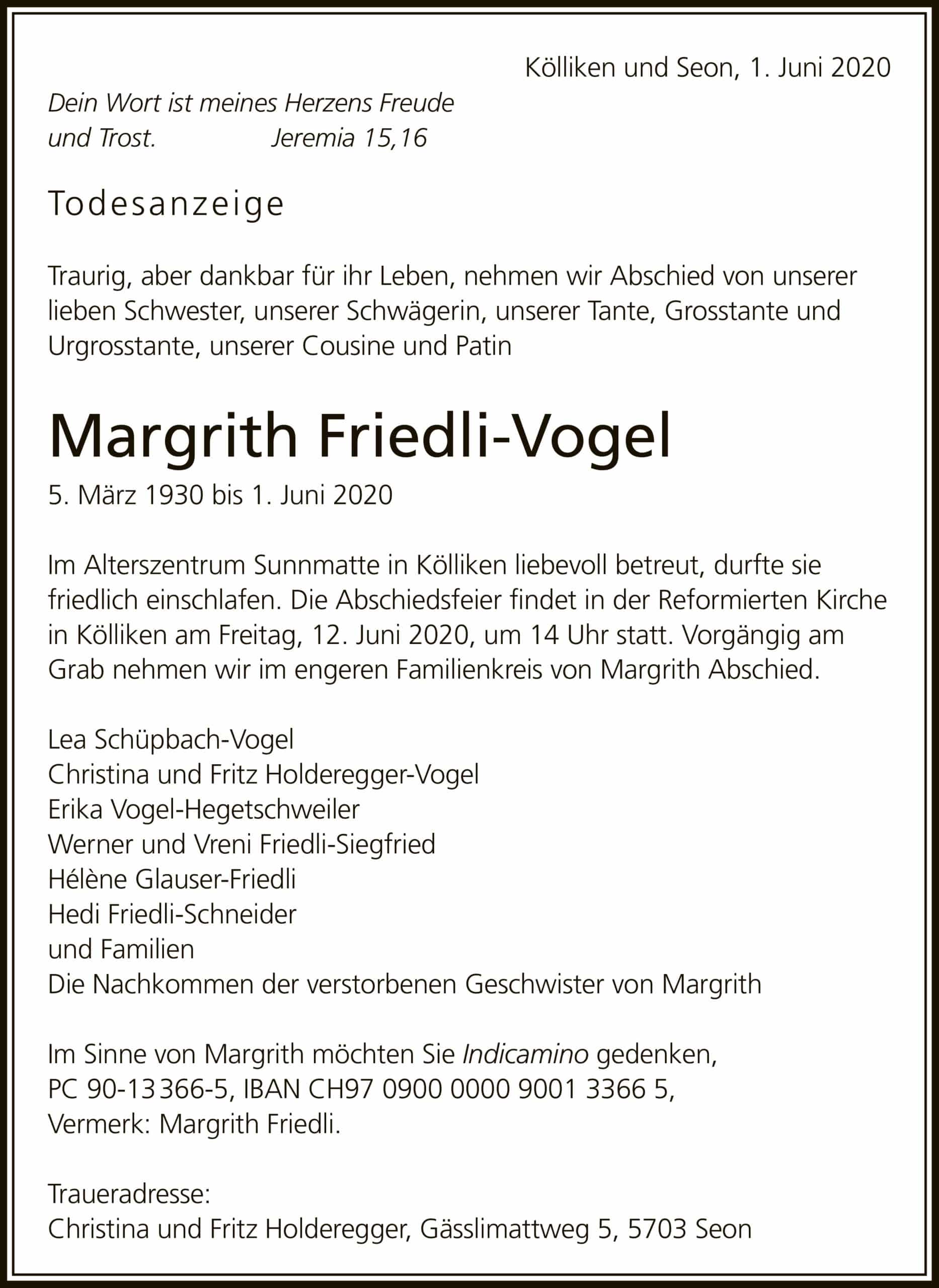 Todesanzeige Margrith Friedli-Vogel 1930 | Der Landanzeiger