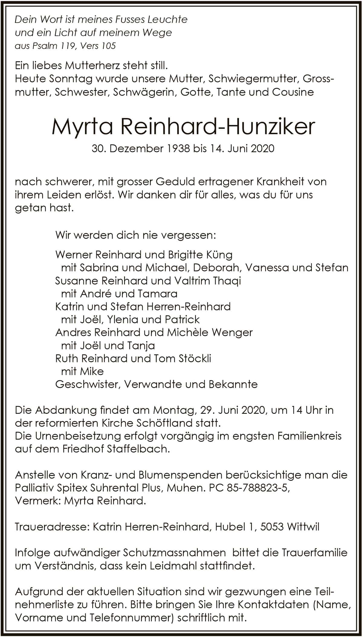 Todesanzeige Myrta Reinhard-Hunziker 1938 | Der Landanzeiger