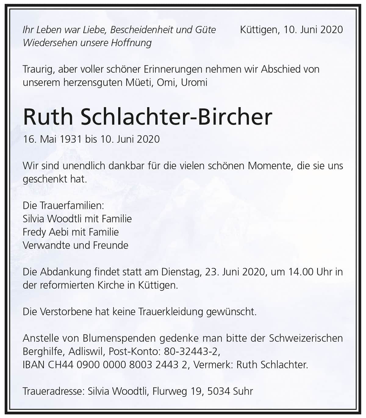 Todesanzeige Ruth Schlachter-Bircher 1931 | Der Landanzeiger