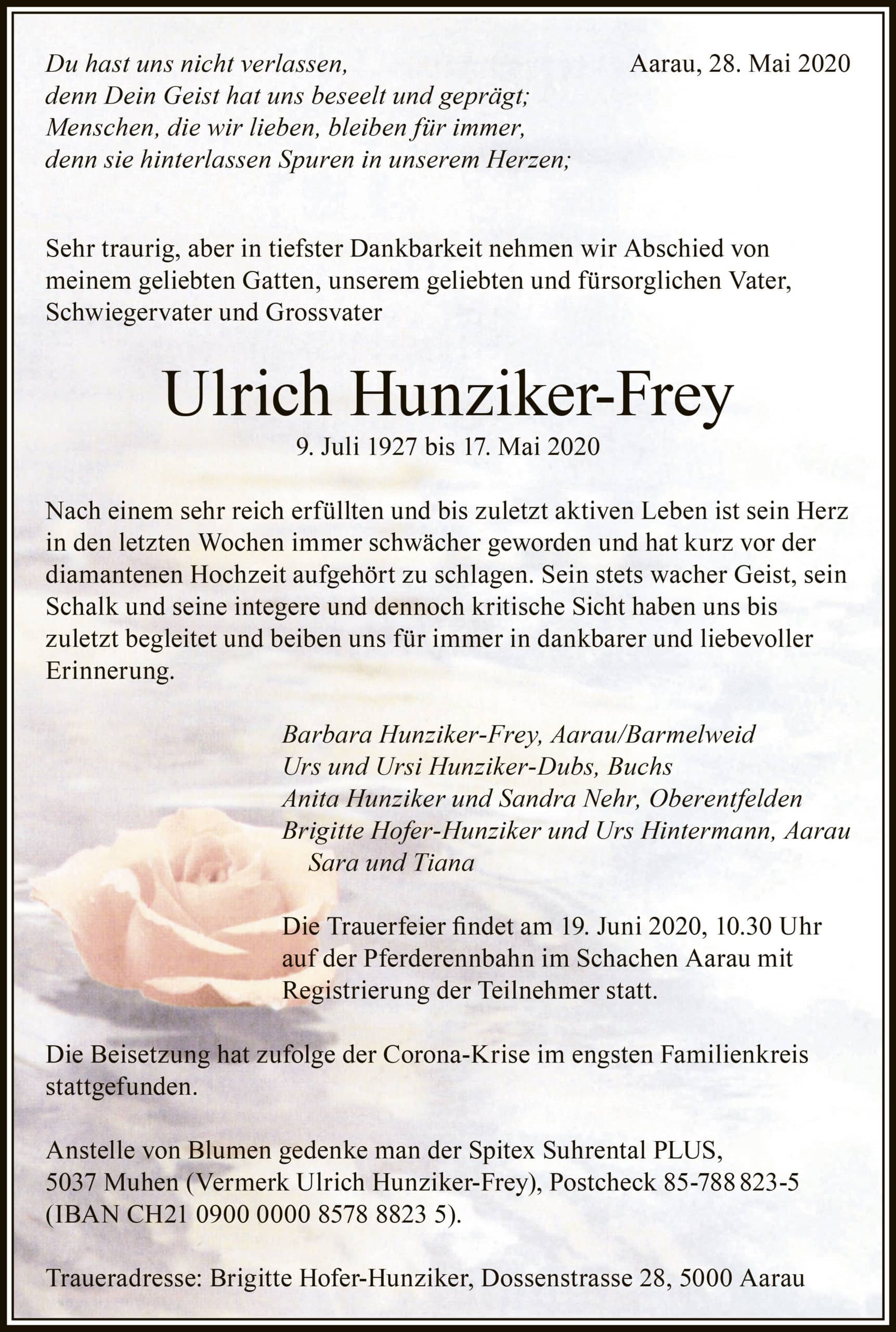 Todesanzeige Ulrich Hunziker-Frey 1927 | Der Landanzeiger