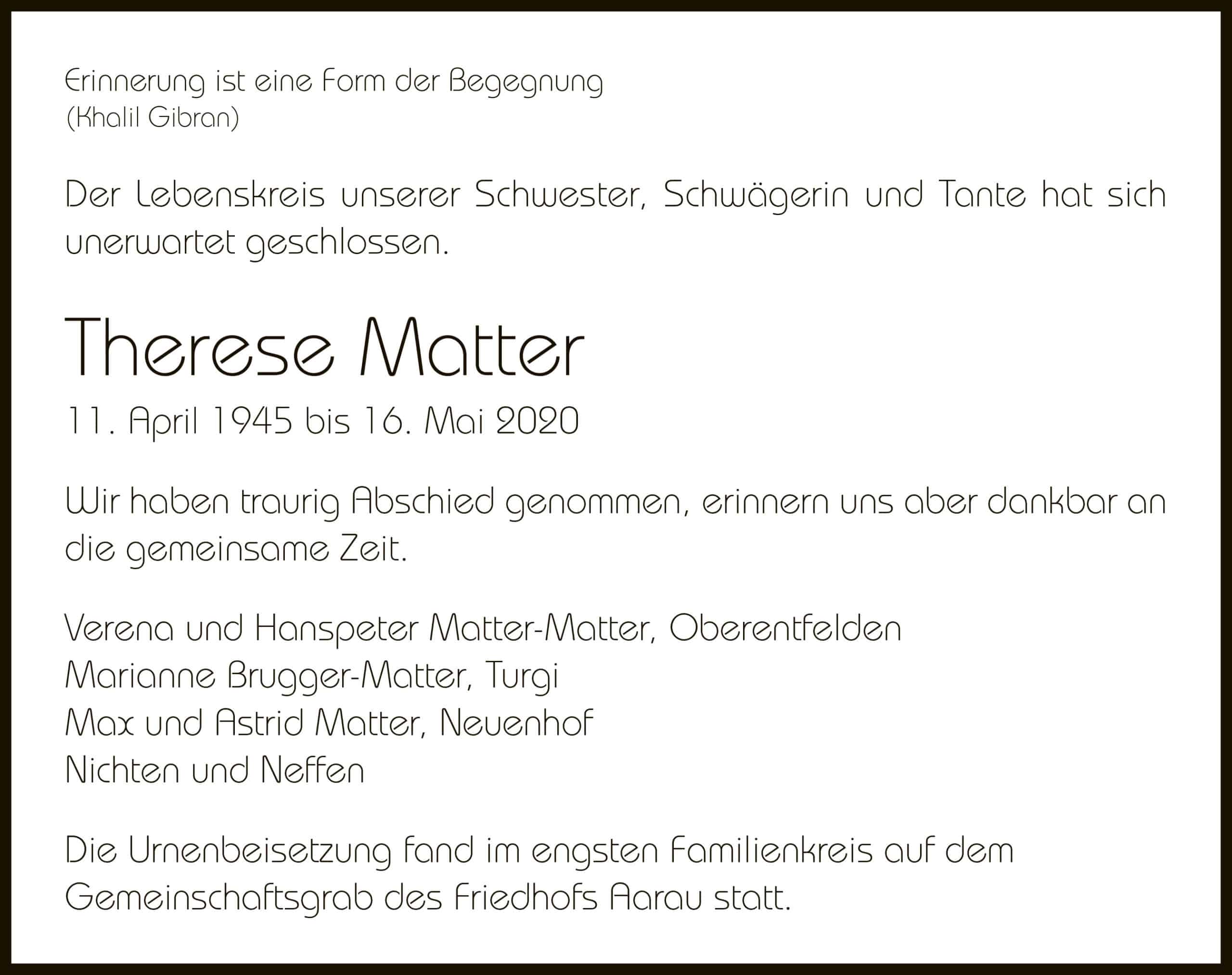 Todesanzeige Therese Matter 1945 | Der Landanzeiger