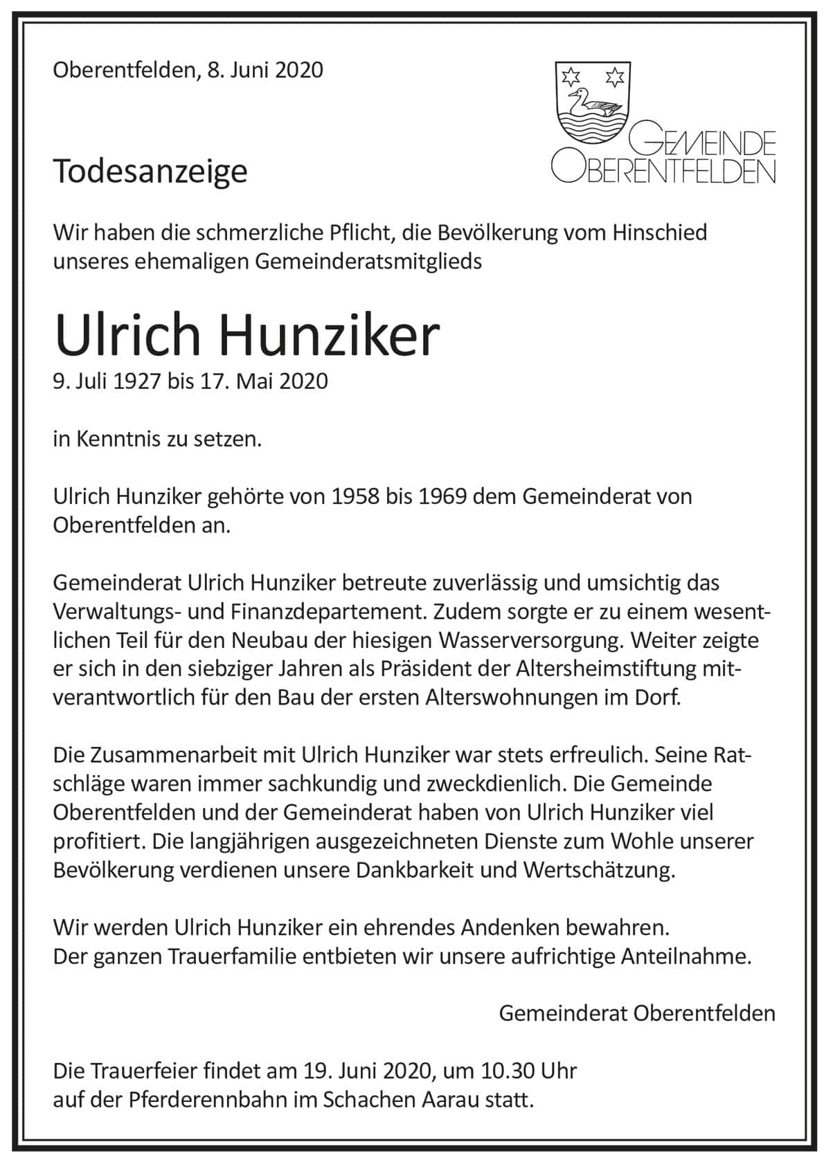 Todesanzeige Ulrich Hunziker 1927 | Der Landanzeiger