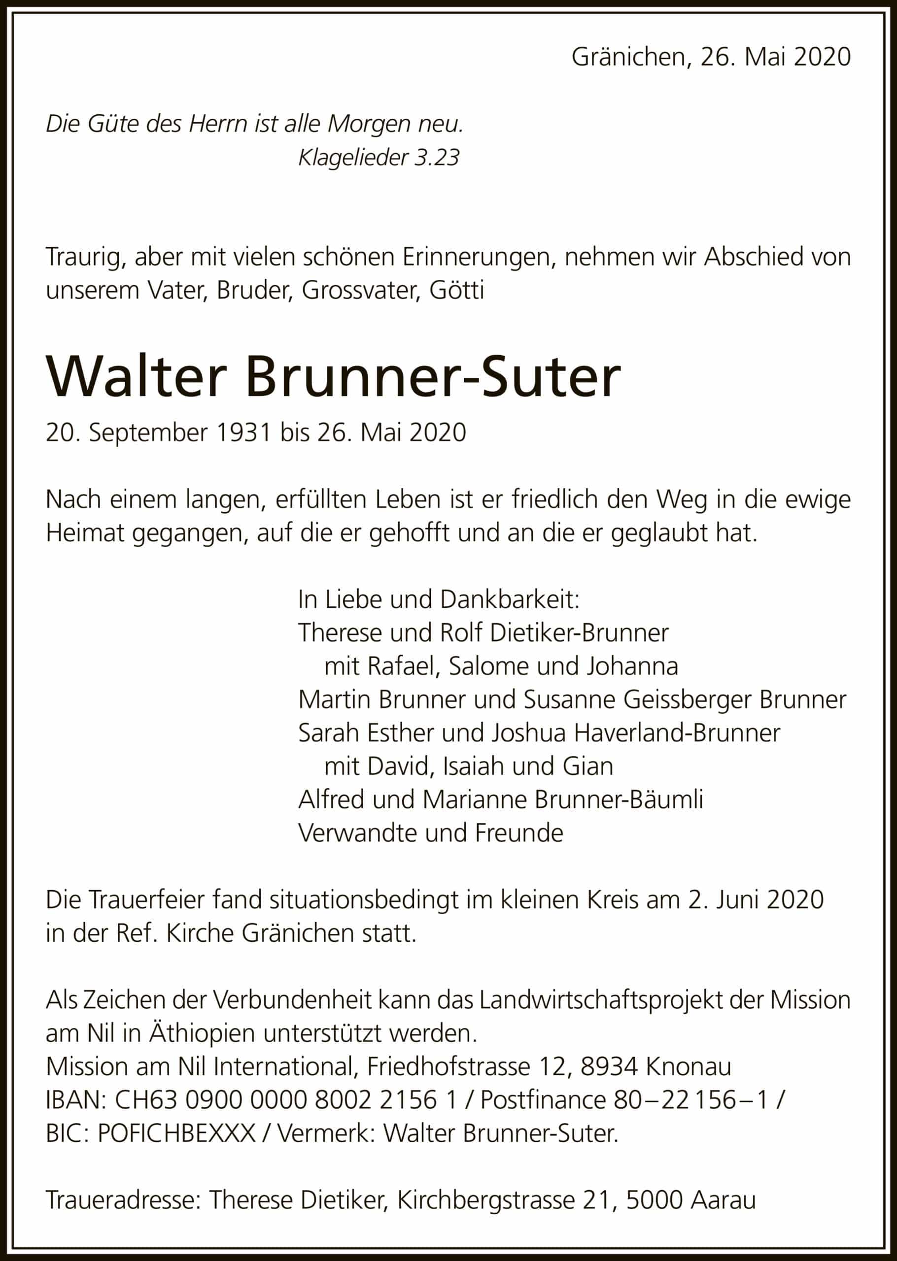 Todesanzeige Walter Brunner-Suter 1931 | Der Landanzeiger