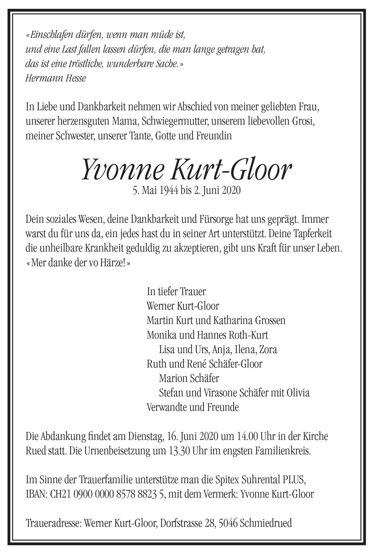 Todesanzeige Yvonne Kurt-Gloor 1944 | Der Landanzeiger