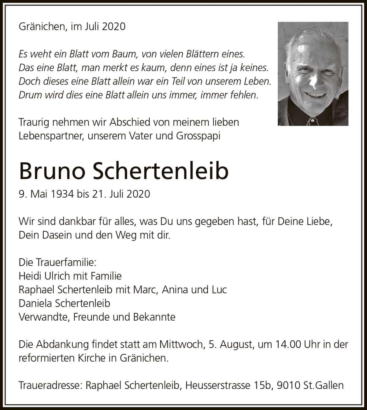 Todesanzeige Bruno Schertenleib 1934 | Der Landanzeiger