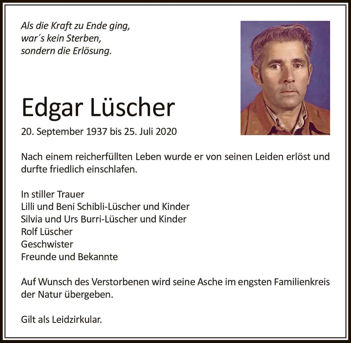 Todesanzeige Edgar Lüscher 1937 | Der Landanzeiger