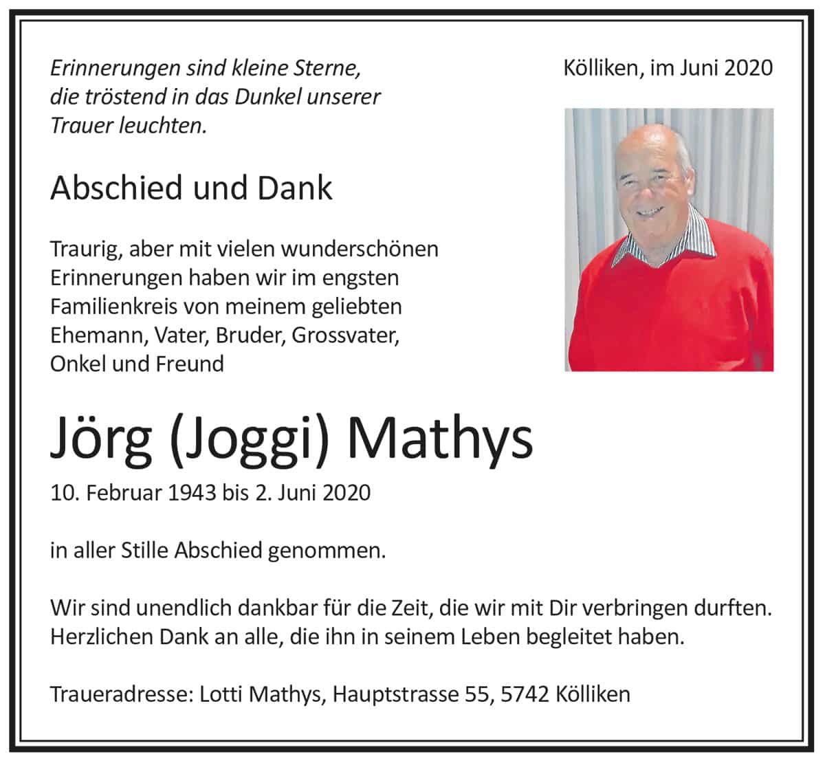 Todesanzeige Jörg (Joggi) Mathys 1943 | Der Landanzeiger