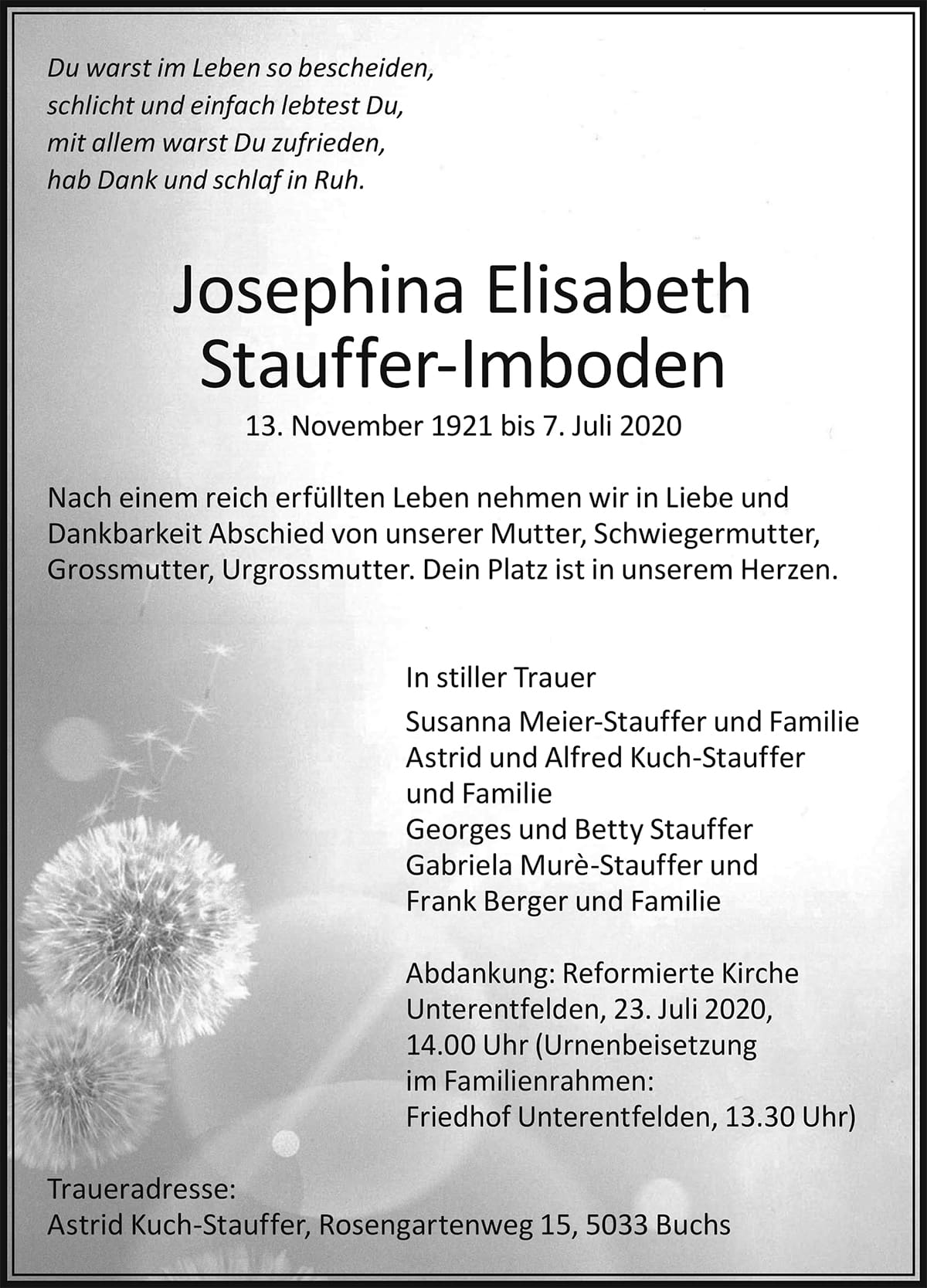 Todesanzeige Josephina Elisabeth Stauffer-Imboden 1921 | Der Landanzeiger