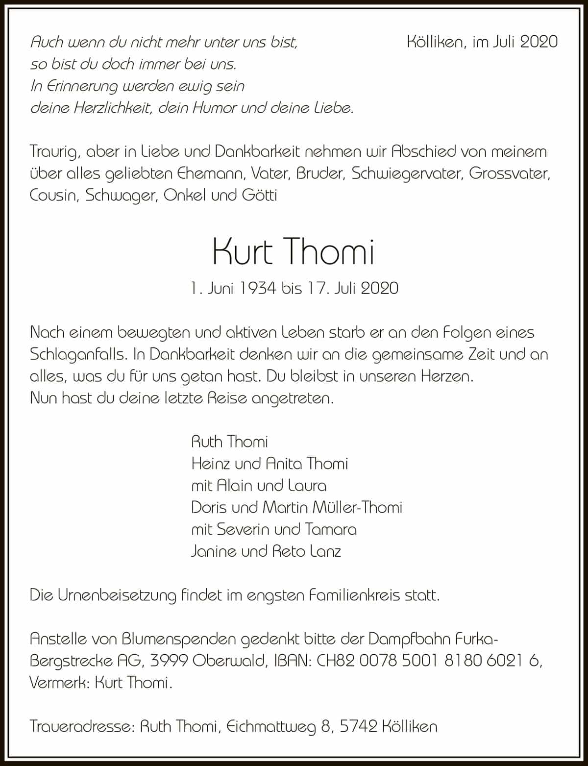 Todesanzeige Kurt Thomi 1934 | Der Landanzeiger