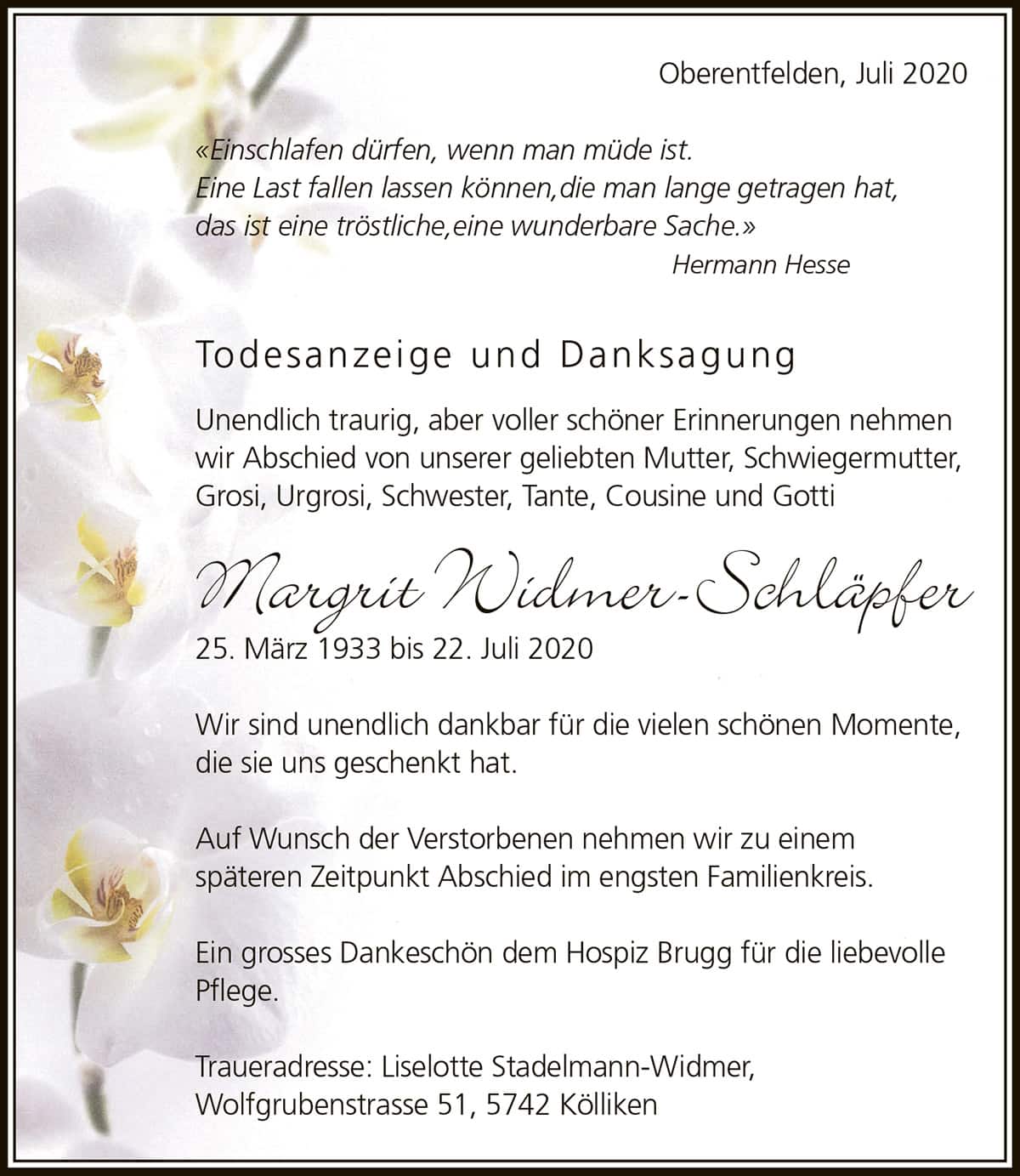 Todesanzeige Margrit Widmer-Schläpfer 1933 | Der Landanzeiger