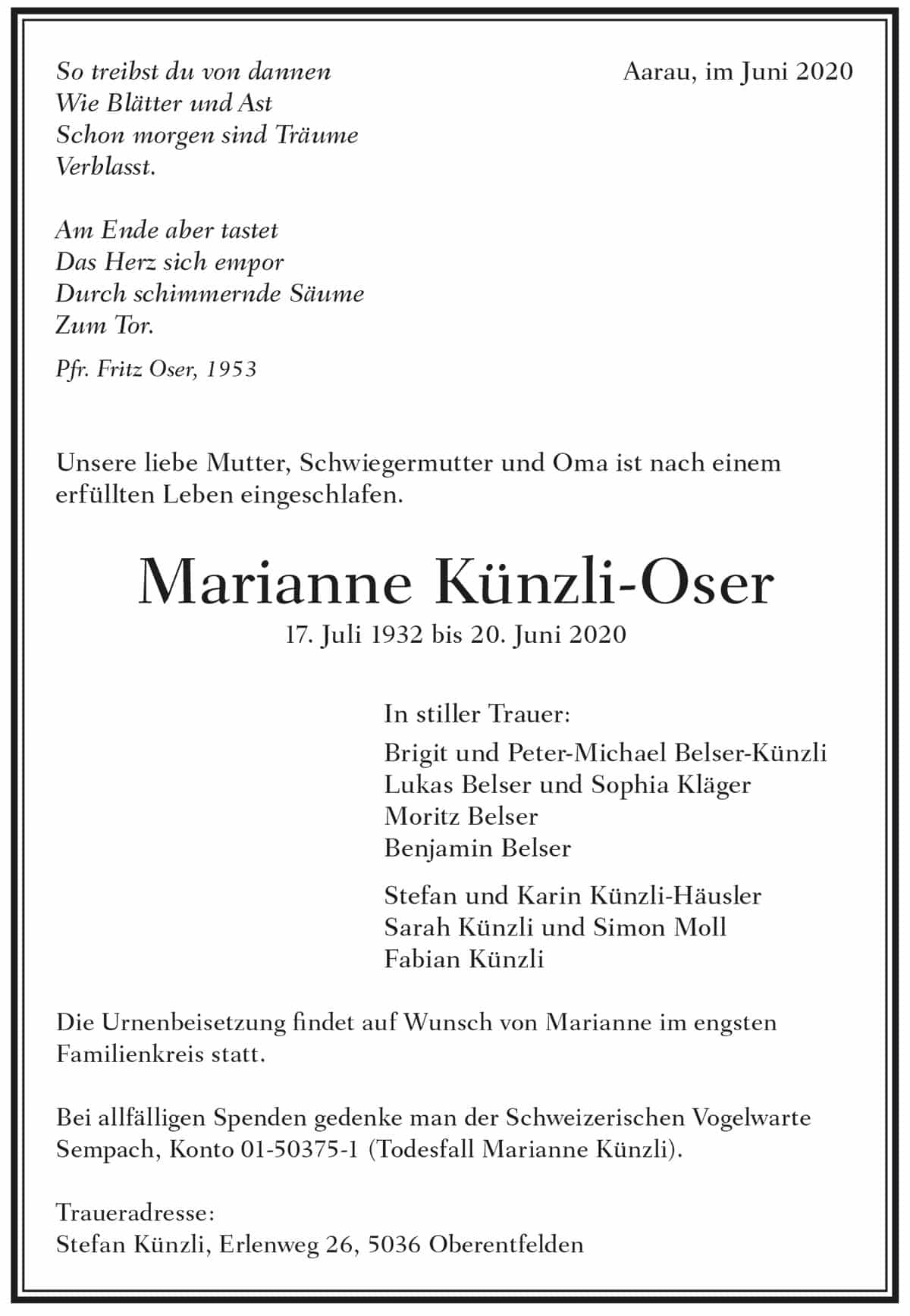 Todesanzeige Marianne Künzli-Oser 1932 | Der Landanzeiger