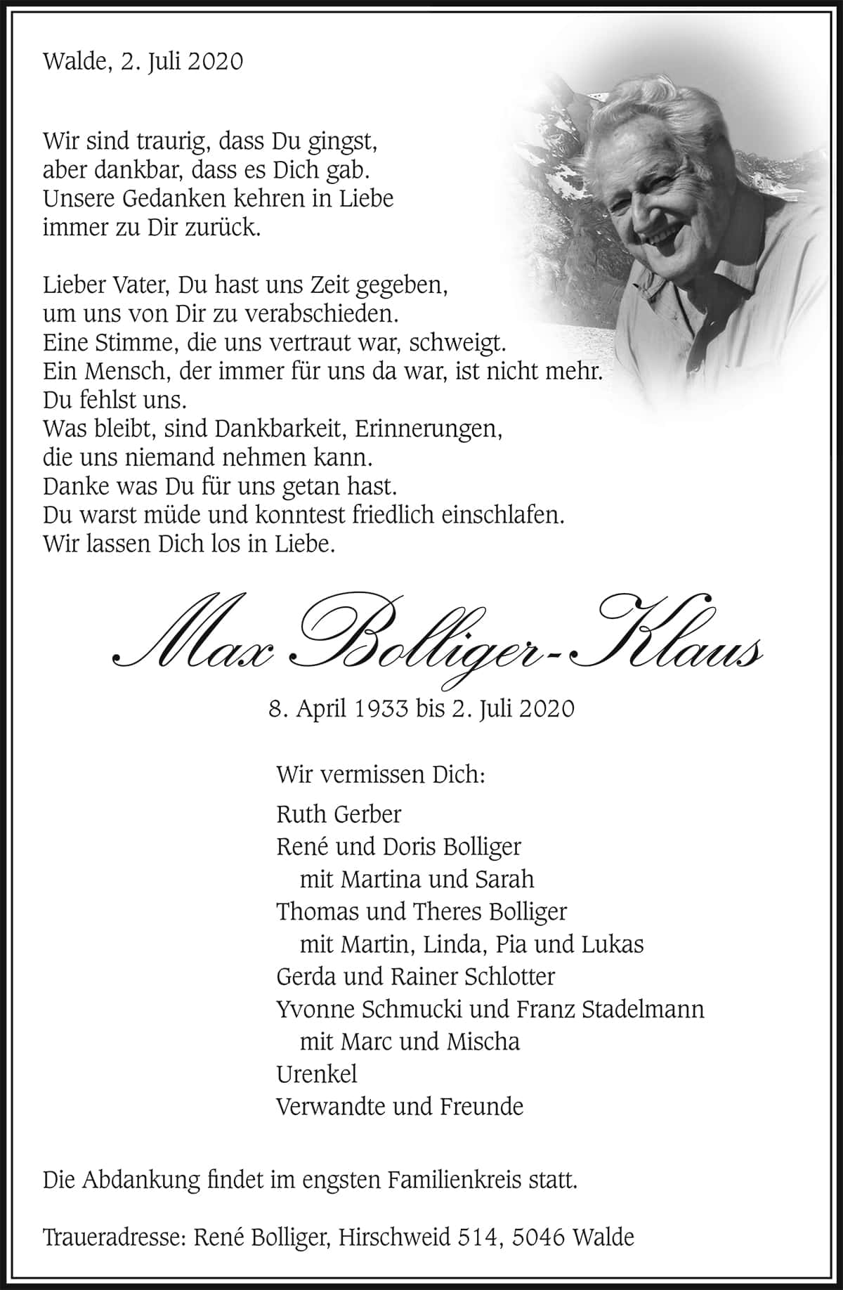 Todesanzeige Max Bolliger-Klaus 1933 | Der Landanzeiger