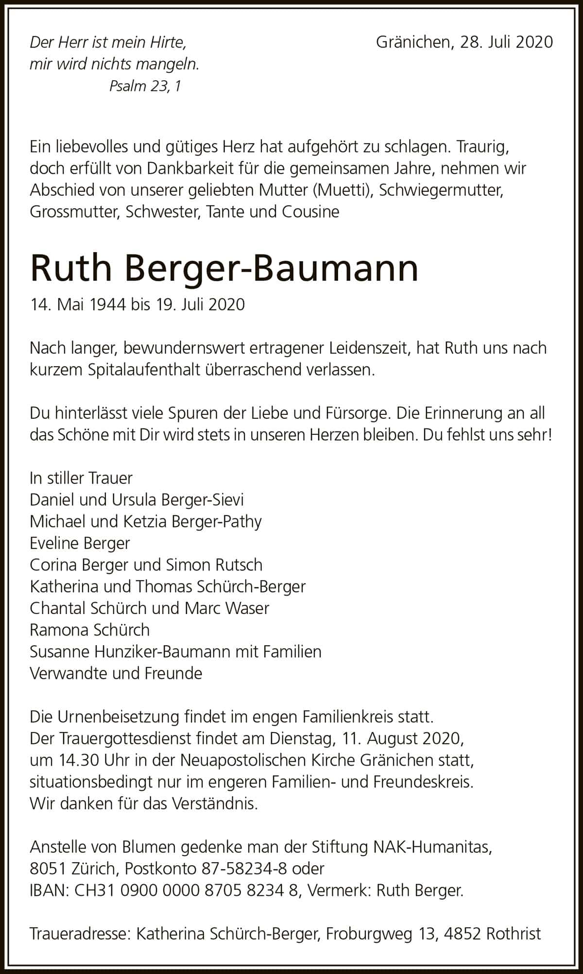 Todesanzeige Ruth Berger-Baumann 1944 | Der Landanzeiger