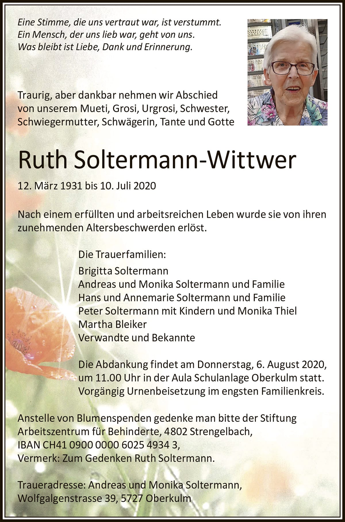 Todesanzeige Ruth Soltermann-Wittwer 1931 | Der Landanzeiger