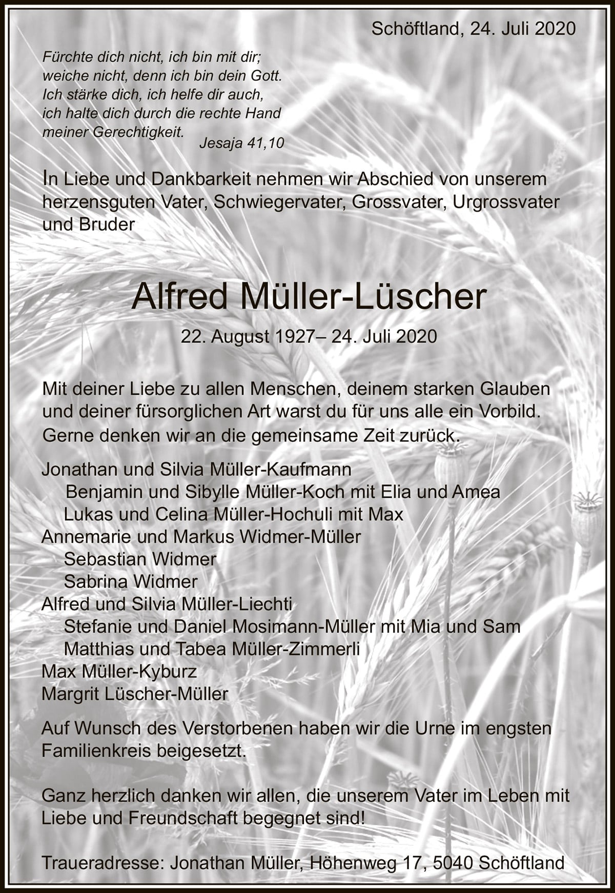 Todesanzeige Alfred Müller-Lüscher 1927 | Der Landanzeiger