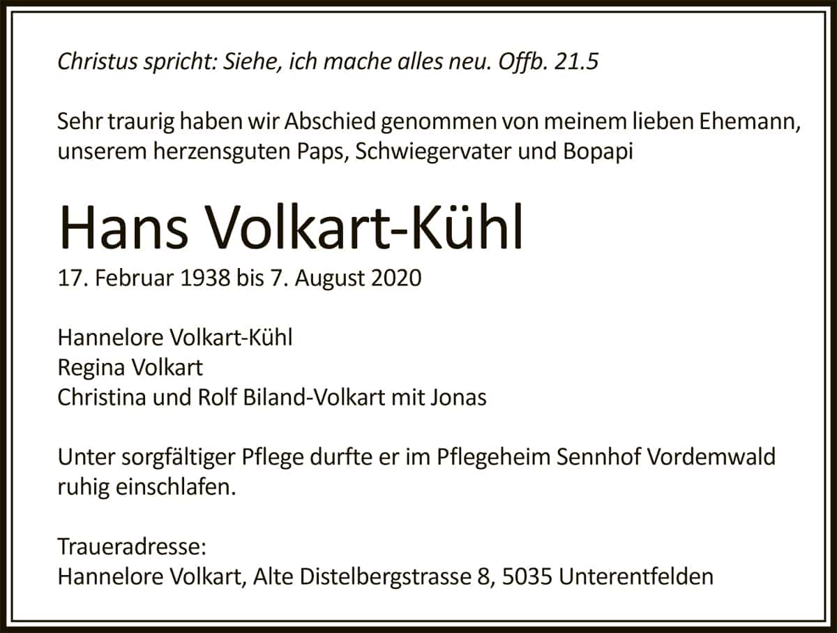 Todesanzeige Hans Volkart-Kühl 1938 | Der Landanzeiger