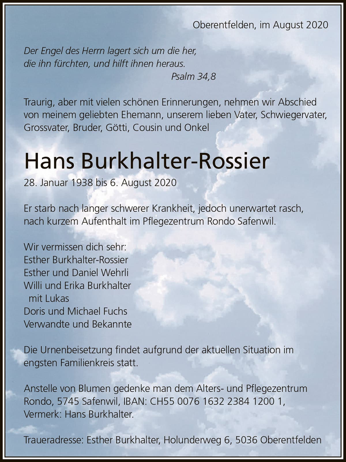 Todesanzeige Hans Burkhalter-Rossier 1938 | Der Landanzeiger