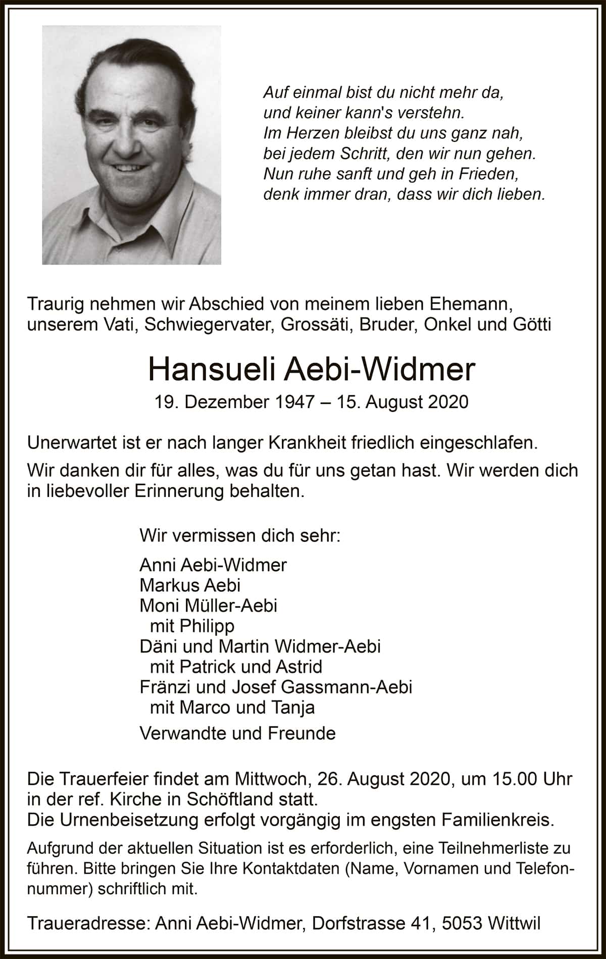 Todesanzeige Hansueli Aebi-Widmer 1947 | Der Landanzeiger