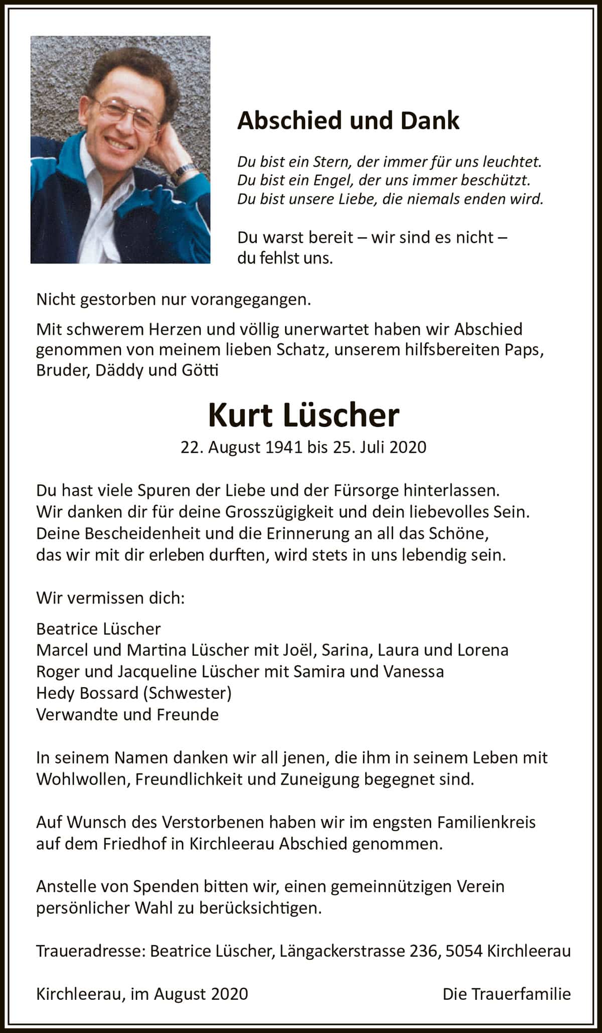 Todesanzeige Kurt Lüscher 1941 | Der Landanzeiger