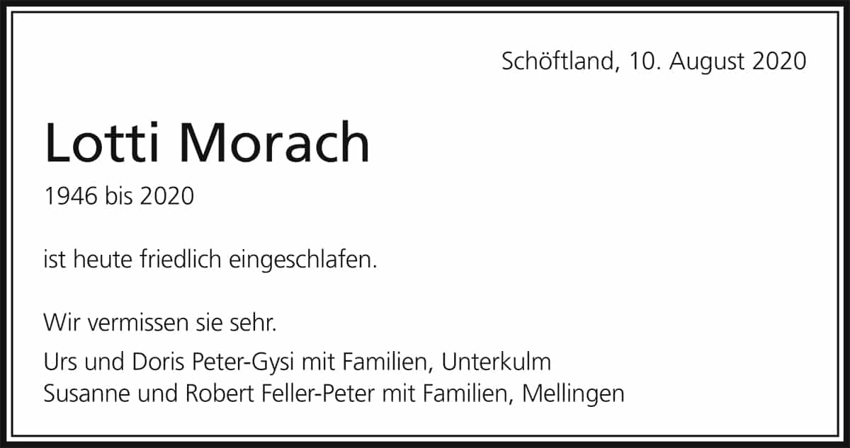 Todesanzeige Lotti Morach 1946 | Der Landanzeiger