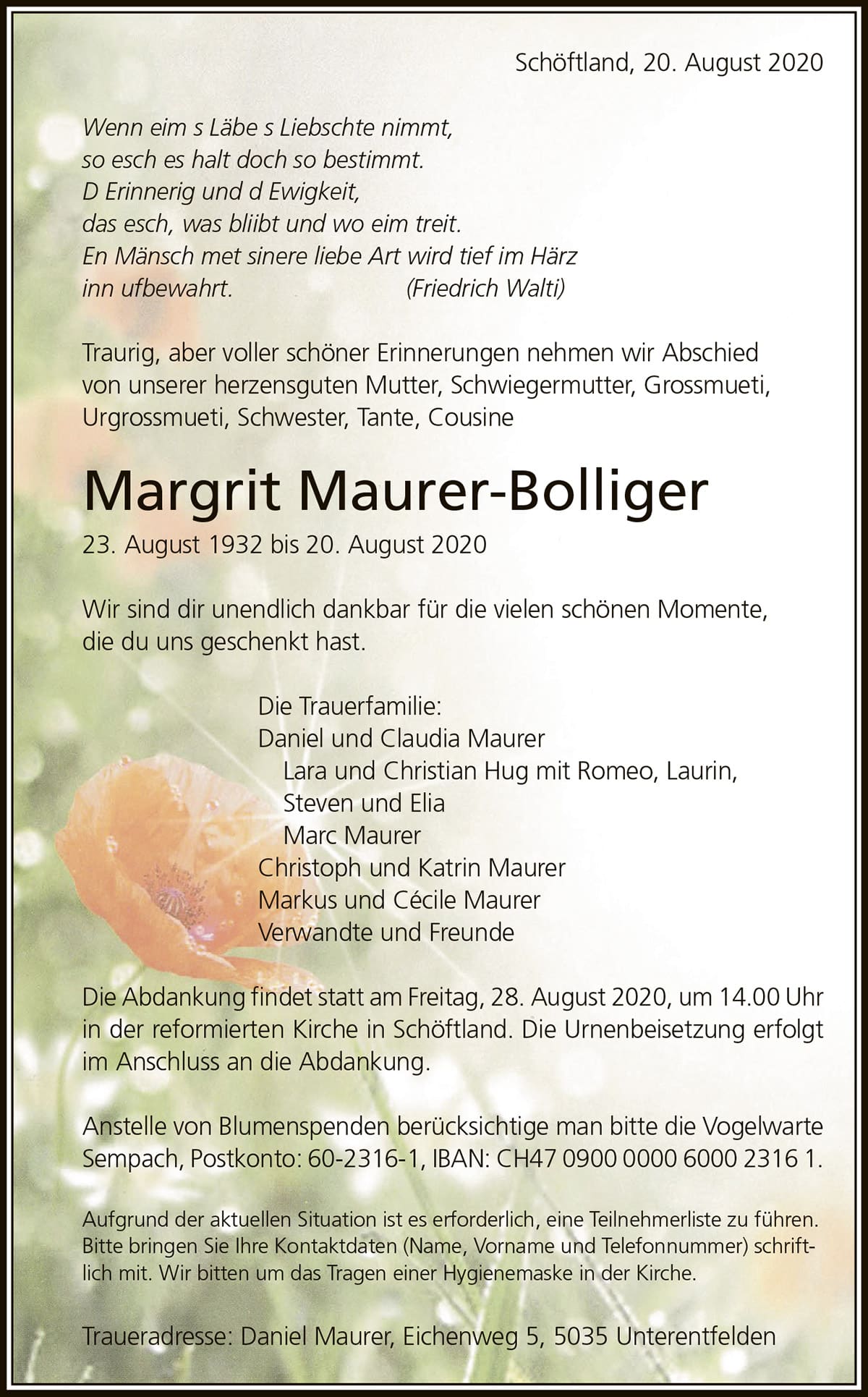 Todesanzeige Margrit Maurer-Bolliger 1932 | Der Landanzeiger