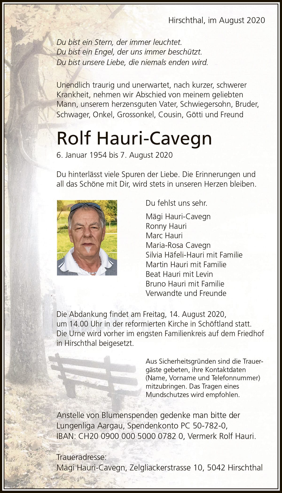 Todesanzeige Rolf Hauri-Cavegn 1954 | Der Landanzeiger