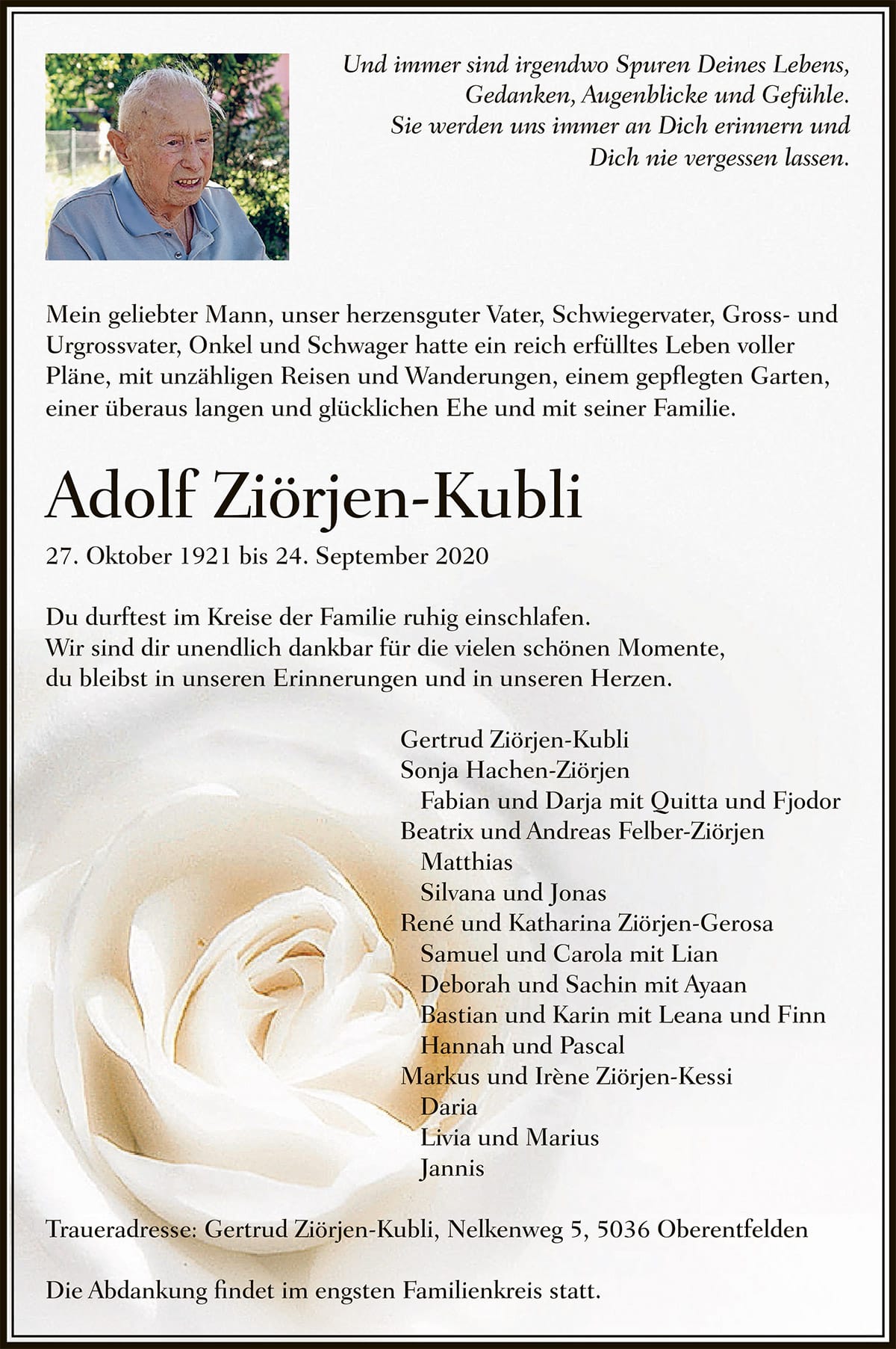 Todesanzeige Adolf Ziörjen-Kubli 1921 | Der Landanzeiger