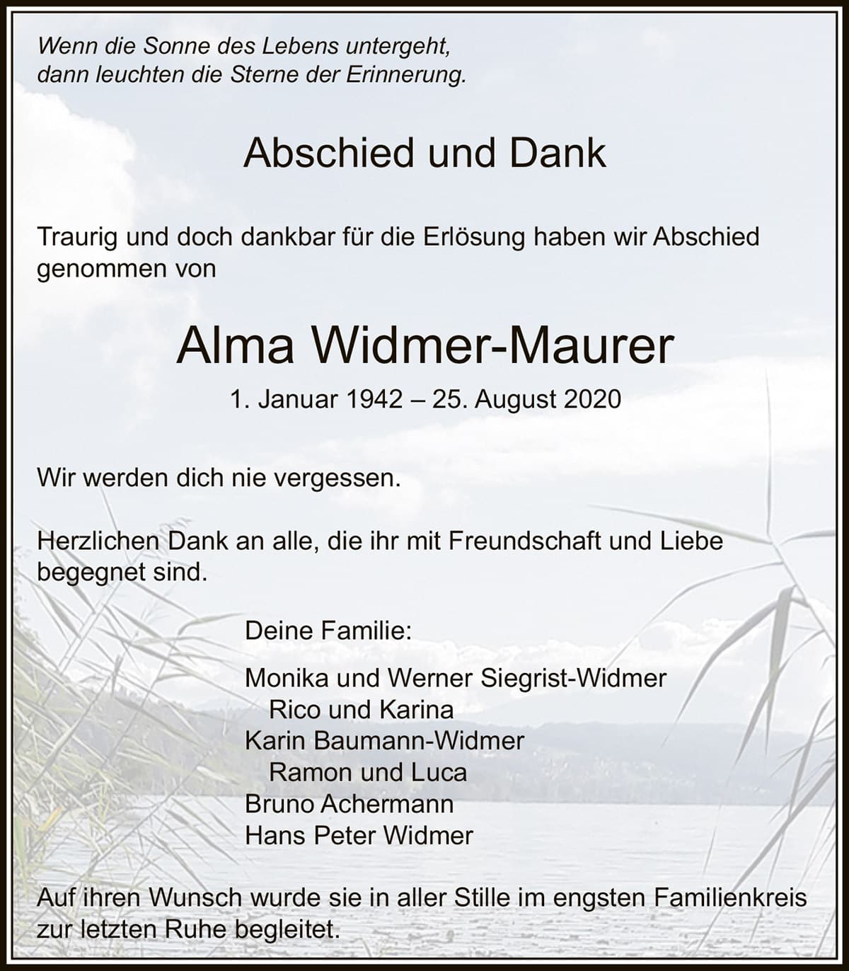 Todesanzeige Alma Widmer.Maurer 1942 | Der Landanzeiger